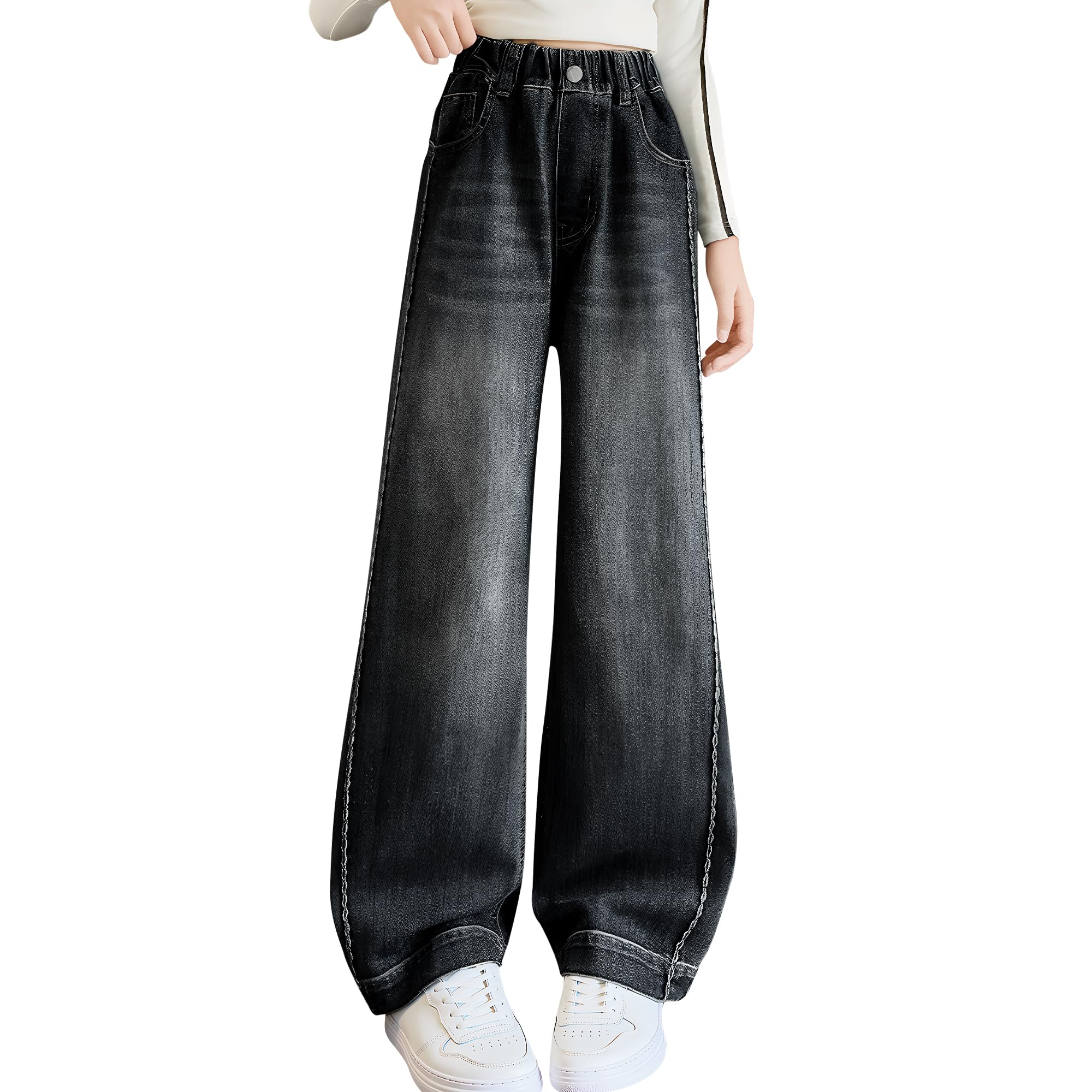 Domueay meisjesjeans baggy wijde pijpen denim broek elastische tailleband loose fit jeans hoge taille wijde pijpen lange broek mode streetwear tienerkleding voor 11-12 jaar, maat 146-152, blauw