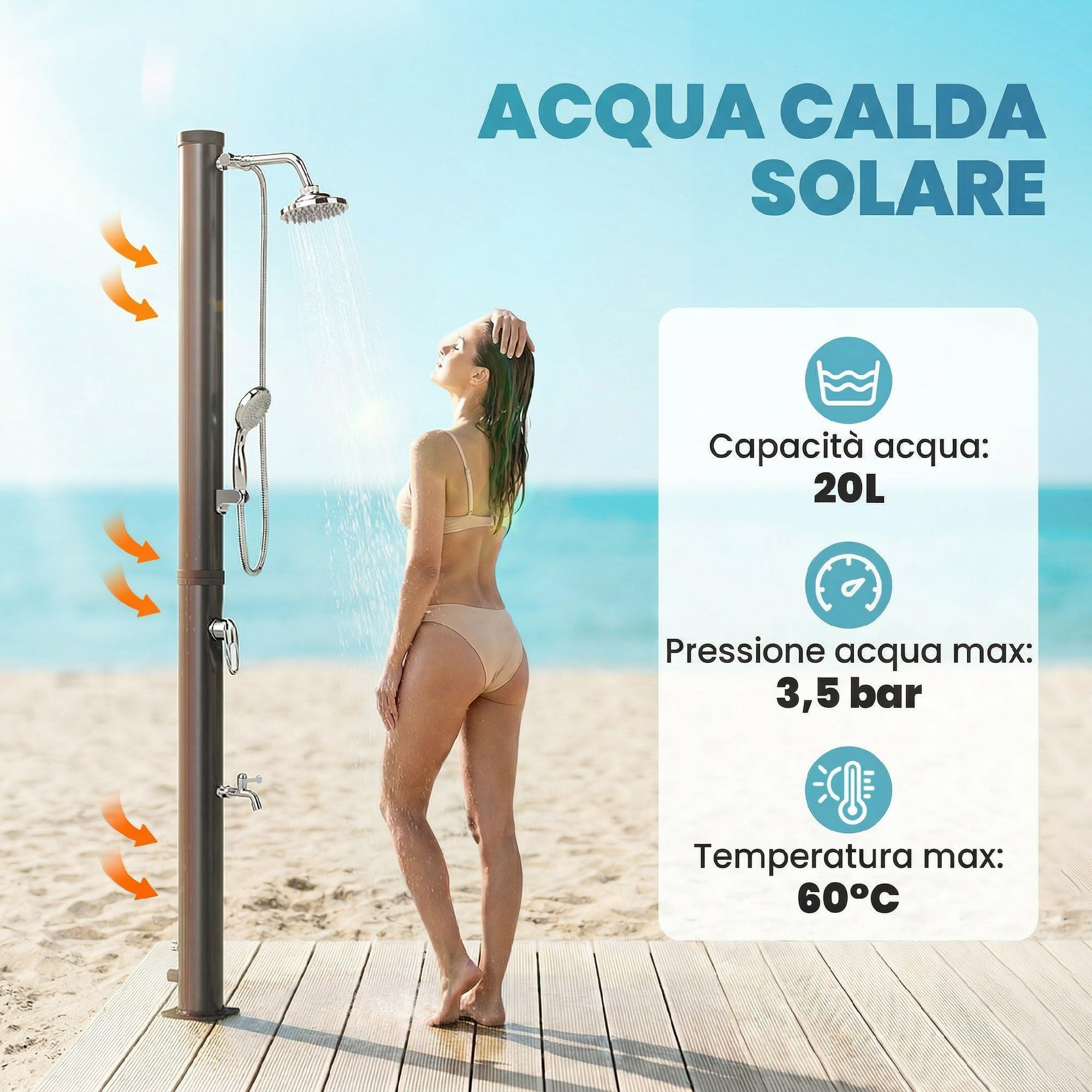 Outsunny Doccia Solare da Giardino 20L con Protezione Antigelo Nero | 2 Soffioni a Pioggia, Rubinetto per Piedi, Acqua Calda max. 60°C, per Piscina Campeggio, Senza Elettricità