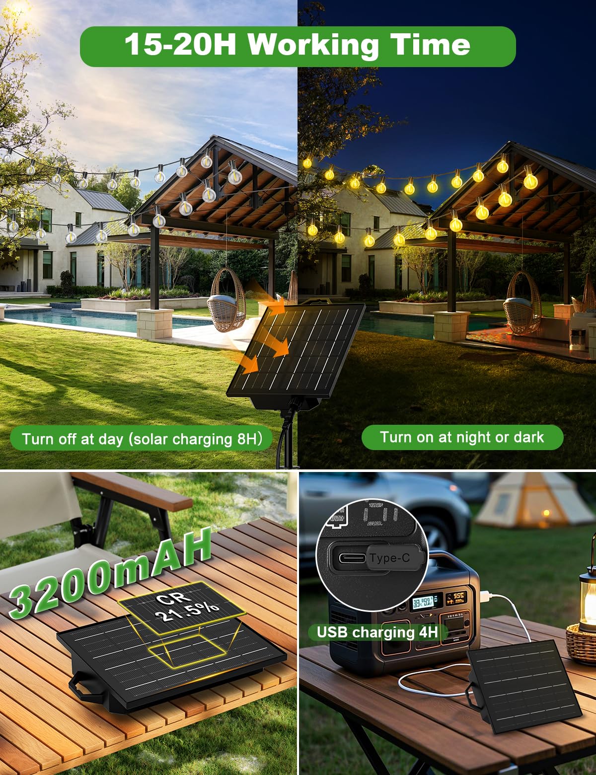 Catena Luminosa Esterno Solare 17M Luci Solari da Giardino con 24+1 Lampadine LED G40 Impermeabile Luci Gazebo da Esterno Solari per Giardino Patio Balcone Matrimonio Feste