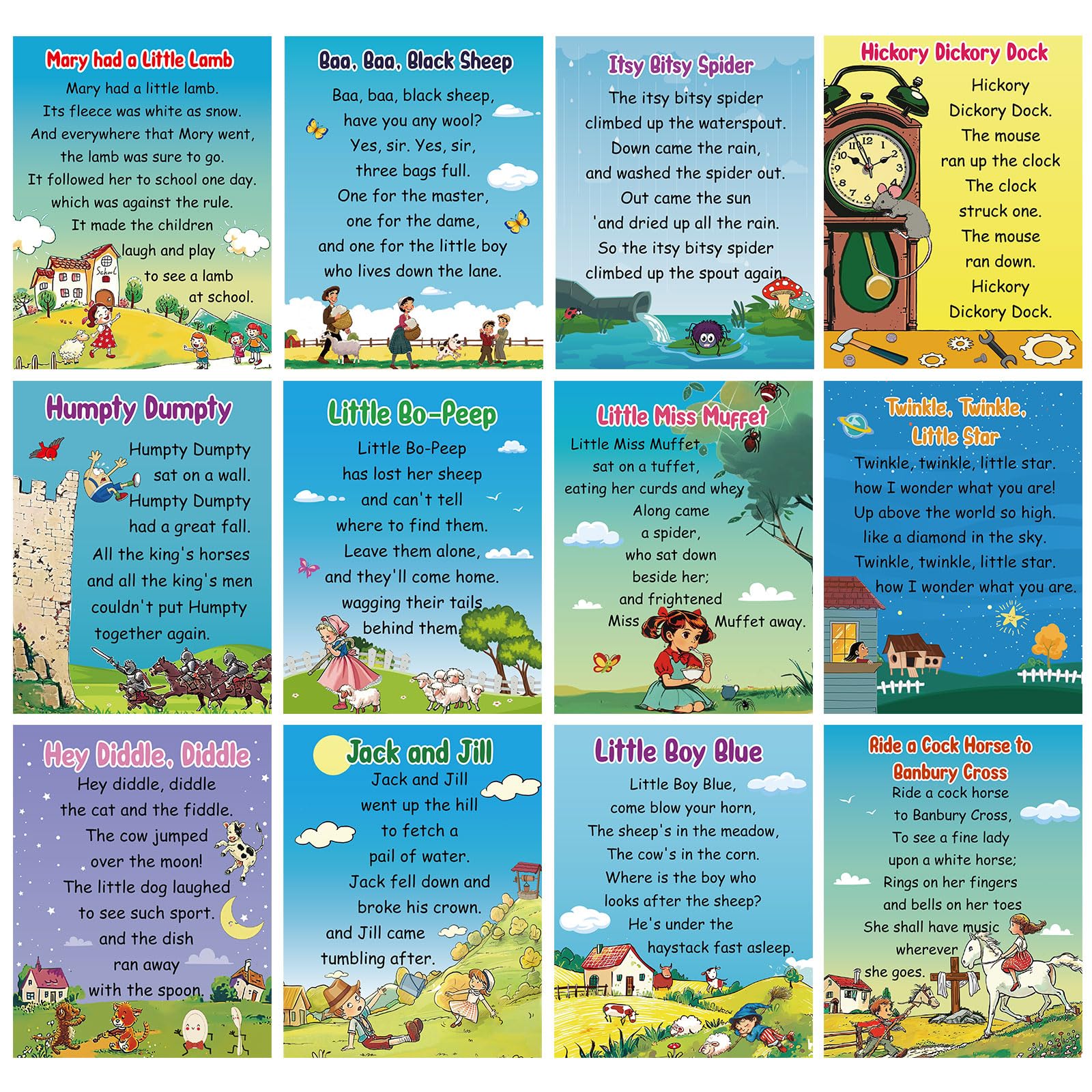 Dunzoom 12 Pcs Nursery Rhyme Posters Educational Preschool Posters Nursery Rhyme Bulletin Board Set School Wall Chart Poster Classroom Wall Art Decor for Kids Toddler Homeschool Classroom Decorations