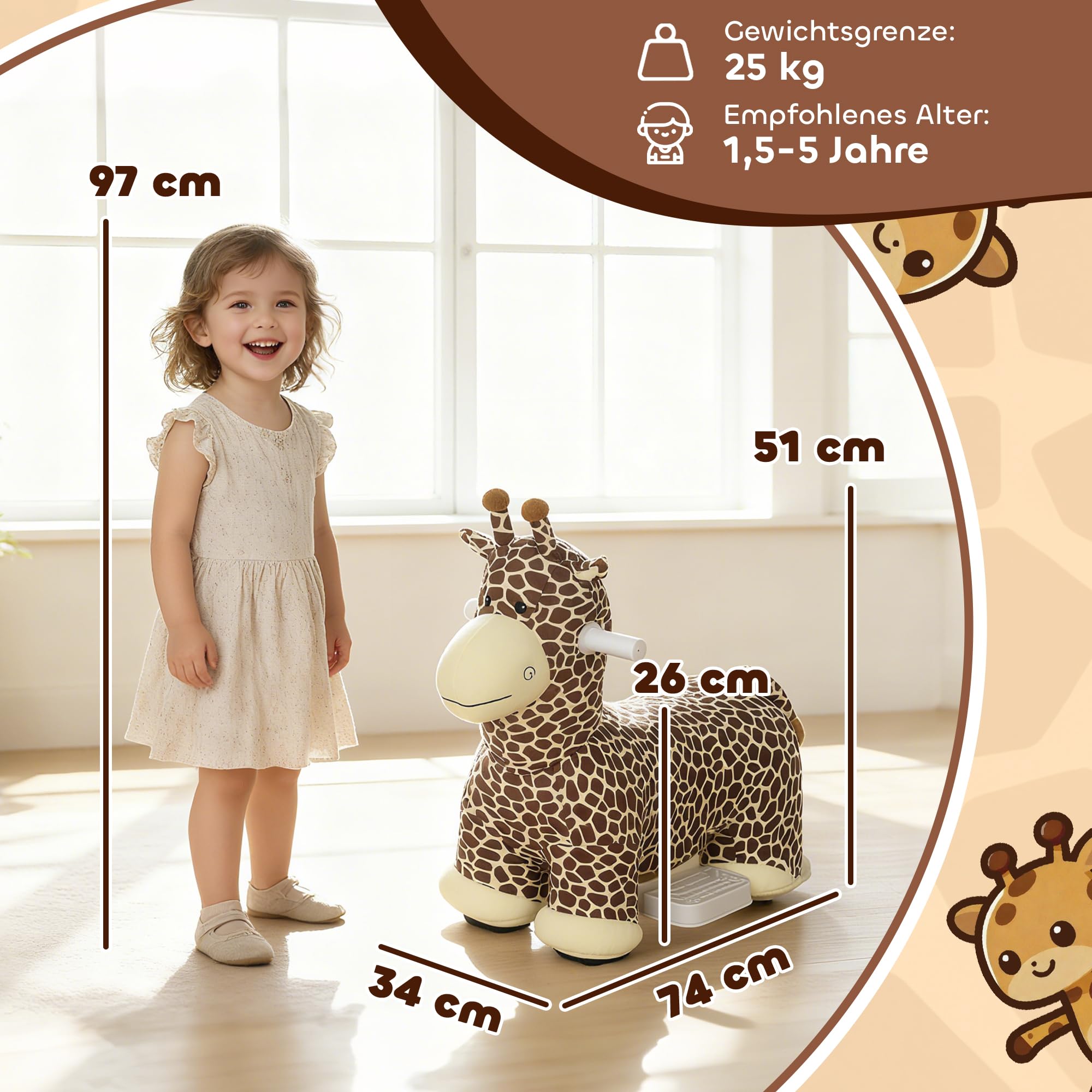 AIYAPLAY Kinder Elektroauto in Giraffenform 6V für 1,5-5 Jahre Braun | Batteriebetriebenes Kinderfahrzeug, Mit Musik, Fußpedal, Waschbar Plüschbezug, Leise Räder, 1,8-3 km/h, Elektrisches Pferd
