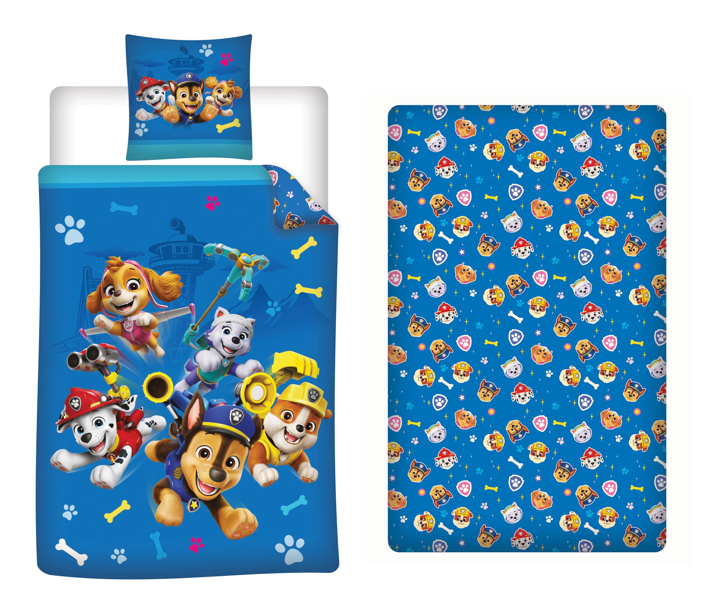 Paw Patrol 3 Piezas Funda Nórdica Cama 90 140x200 + Funda 63x63 + Bajera | Funda nórdica + bajera 90x190 | Microfibra Oeko-Tex secado rápido | Chase Marcus Skye Nickelodeon | 3-8 | Idea regalo