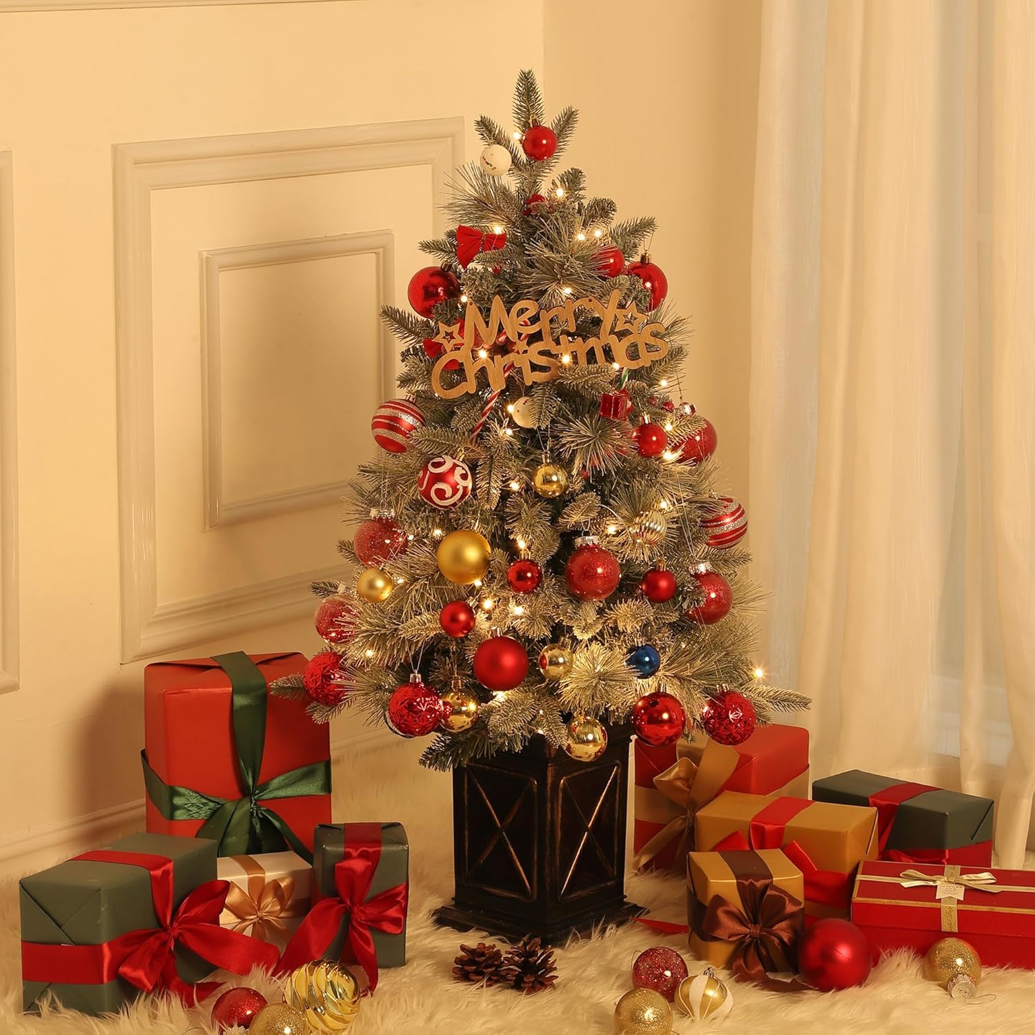 Weihnachtsbaum Künstlich 90 cm Mit 78 Beleuchtung, Snow Flocked Künstlicher Weihnachtsbaum Batteriebetrieben Pre-Lit Weihnachten Deko Für Zuhause, Büro, Vintage Topfbasis
