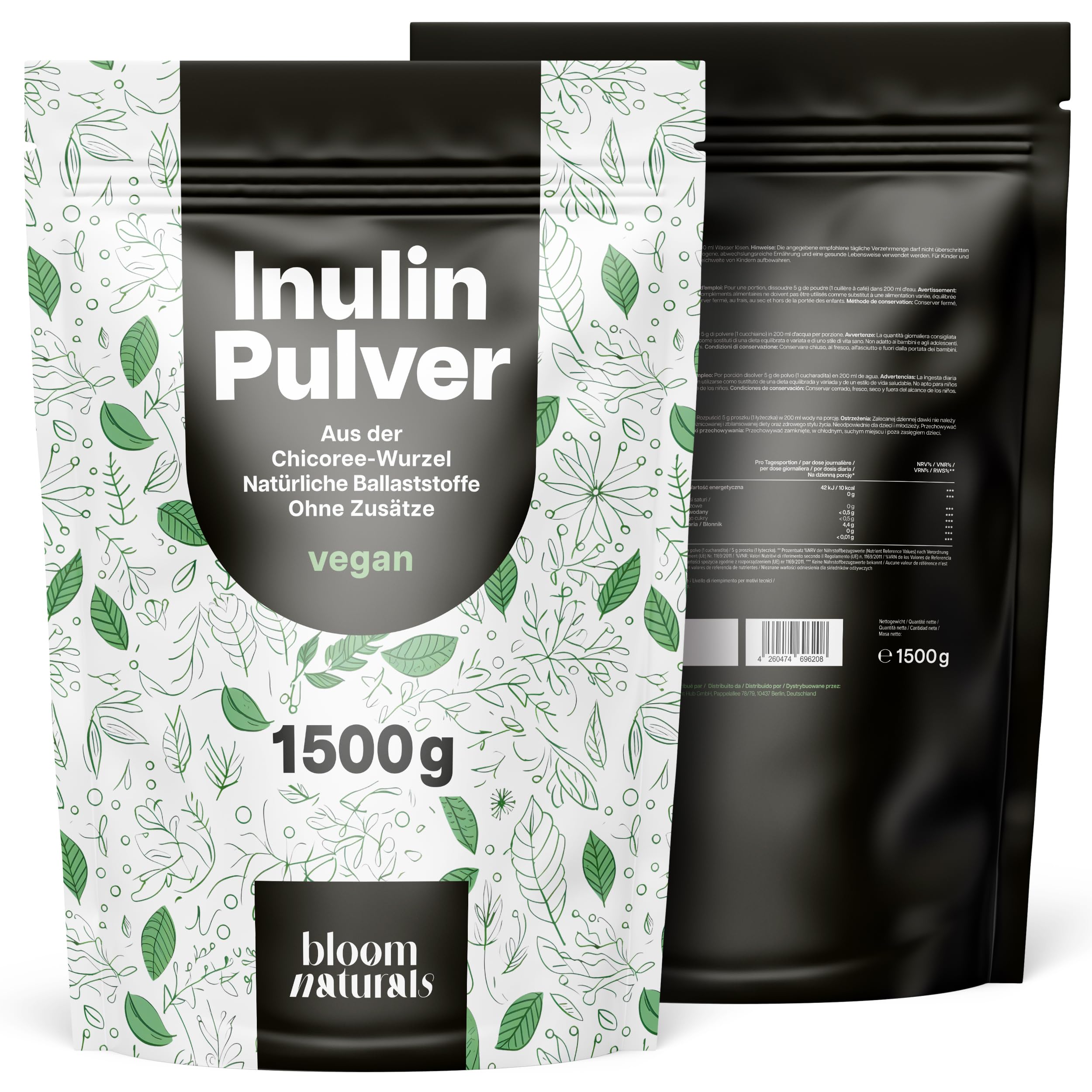 Inulin Pulver 1500g (1,5KG) – Aus der Chicorée-Wurzel – Natürliche Ballaststoffquelle – 300+ Tage Vorrat – Vegan & produziert in Deutschland – Laborgeprüft – Verpackung kann variieren