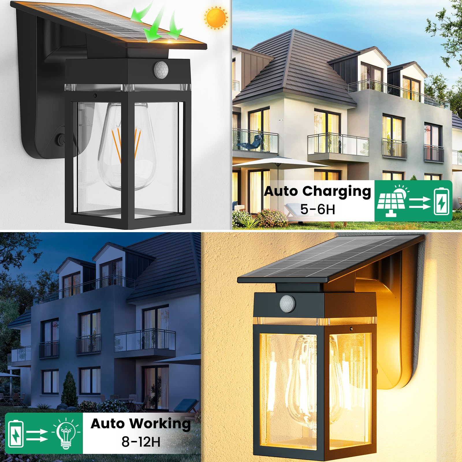 Solar Außenwandleuchten 2 Pack, E26 Bewegungsmelder, Solar Veranda Lichter mit 3 Modi, IP65 Wasserdicht Außenlaterne für Terrasse, Garten, Zaun u