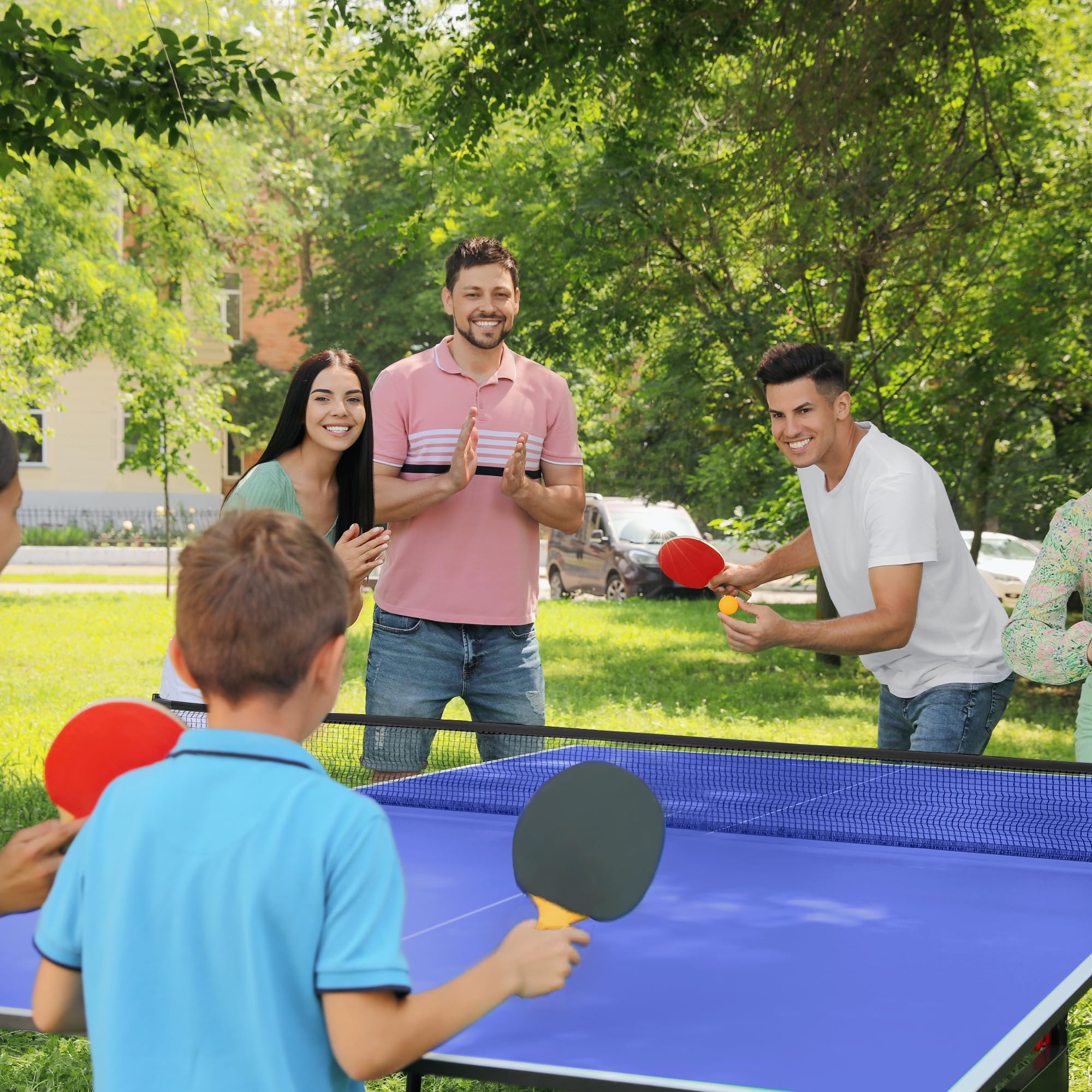 SPORTNOW Mesa de Ping-Pong Plegable con Red, Reposapiés Ajustables y Marco de Acero, 274x152,5x76 cm Azul