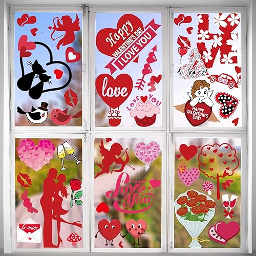 Adhesivos para ventana del día de San Valentín, 80 calcomanías estáticas para ventana, diseño de corazón, suministros de adornos de fiesta, 8 hojas
