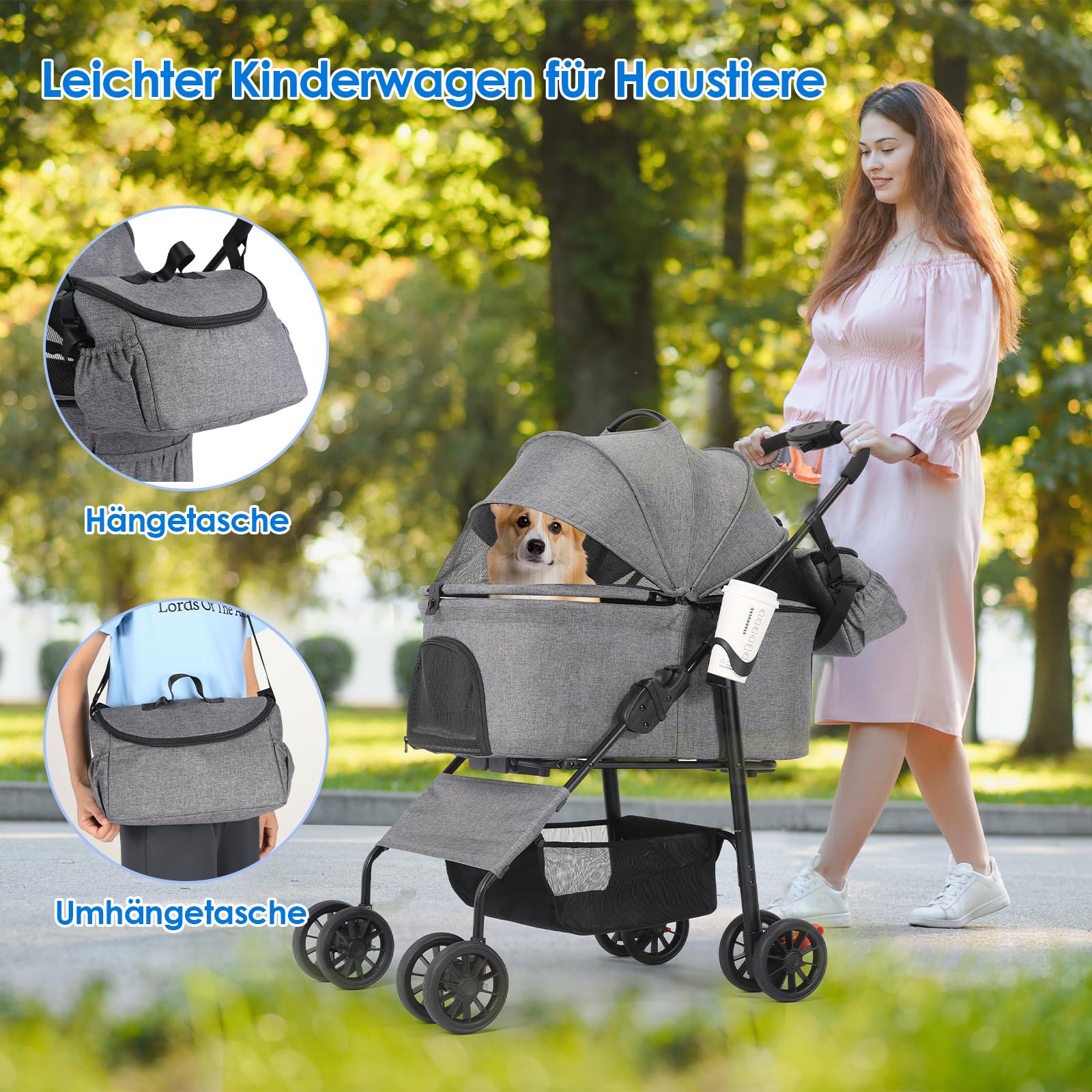 MAMIZO Passeggino per cani 3 in 1, fino a 30 kg, 4 paia di ruote doppie a 360°, con una borsa a tracolla, pieghevole per cani di piccola taglia e media, nido per animali domestici, tessuto di lino