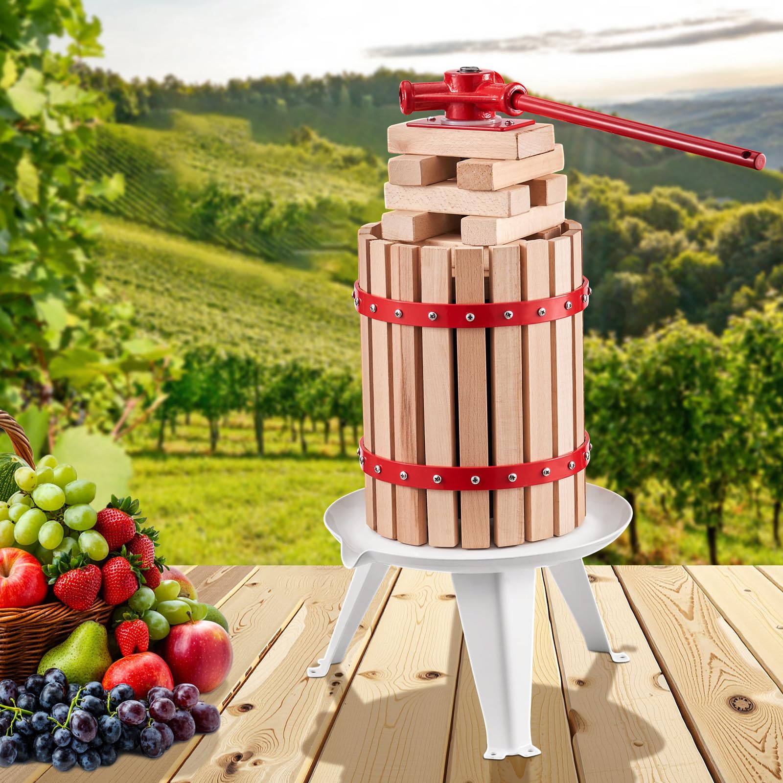 VEVOR Obstweinpresse Obstmühle (6 L) mit Massivholzkorb mit 8 Blöcken, robuster manueller Entsafter, Apfelweinpresse Apfelpresse Traubenpresse Olivenölpresse mit Griff, Saftpresse für Küche