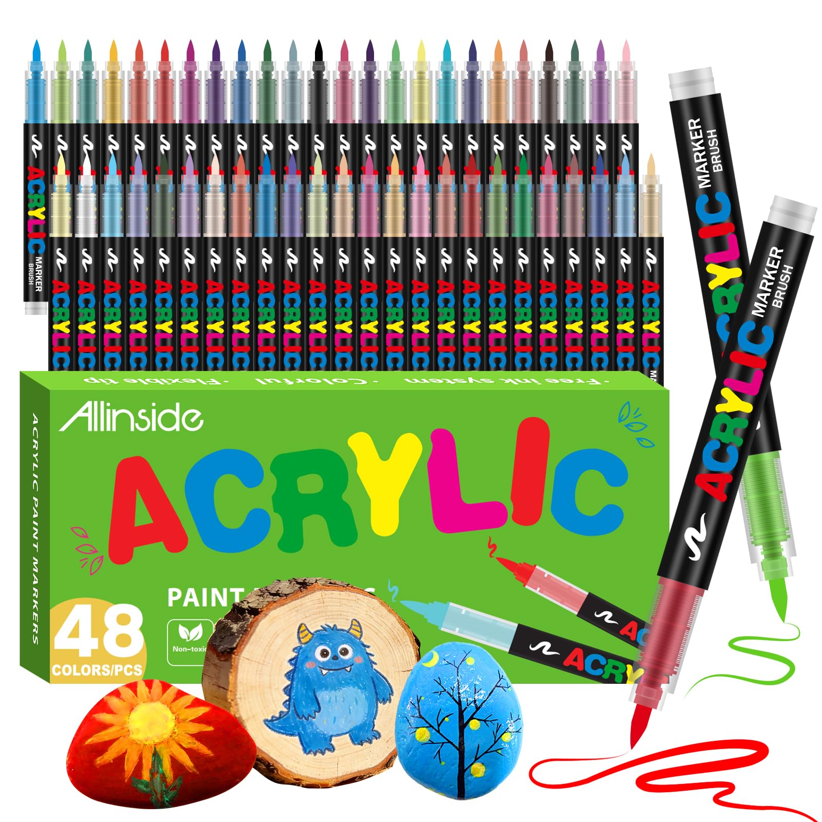 Allinside Acrylic Paint Pens 48 Colors, Soft Brush Tip Markers, Waterproof Non Toxic Art Pens for Rock Painting Wood Canvas Glass Ceramic Stone Fabric DIY Crafts