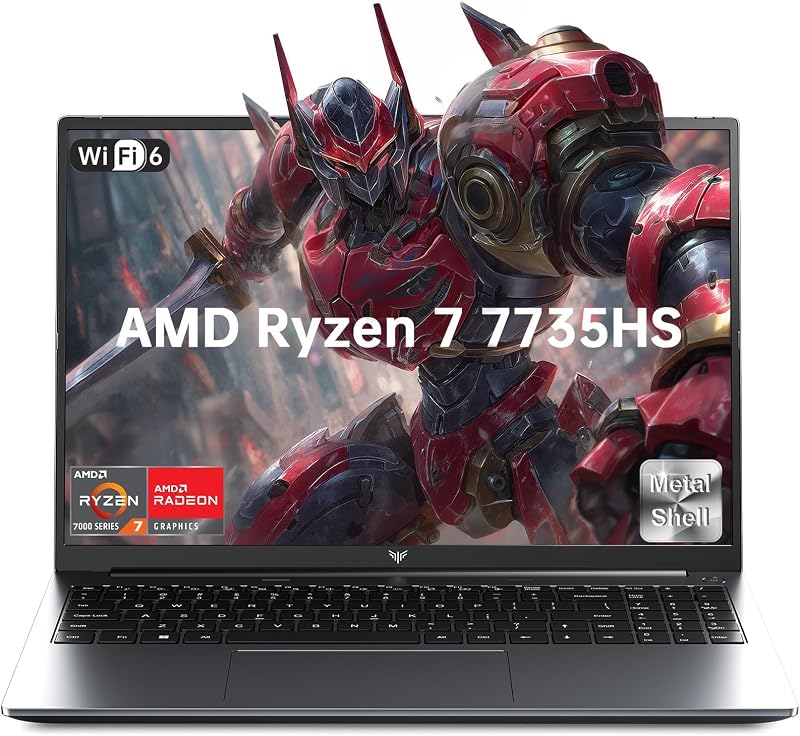 Gaming Laptop with Ryzen 7 7735HS (up to 4.75GHz),16GB DDR5 512GB NVMe SSD | 16 inch Laptop with AMD Radeon 680M,Backlit KB,Windows 11,1920x1200 FHD,WiFi 6,HDMI2.0.Full Function Type-C