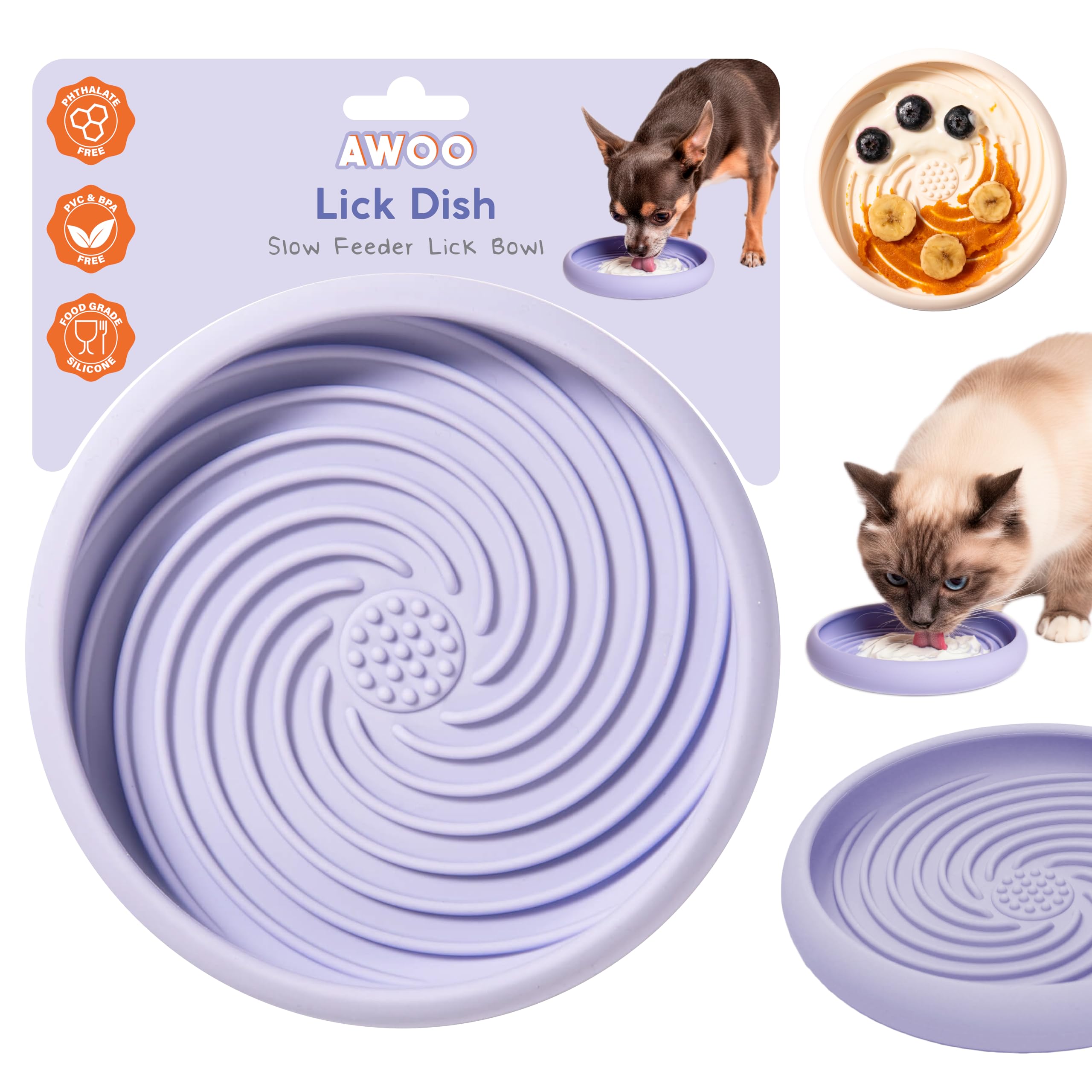 Awoo Lick Dish Silicone Dog & Cat Lick Mat & Slow Feeder with Suction Cups, Non-Slip, Dishwasher Safe, Extend Mealtime, Reduce Anxiety (Periwinkle)