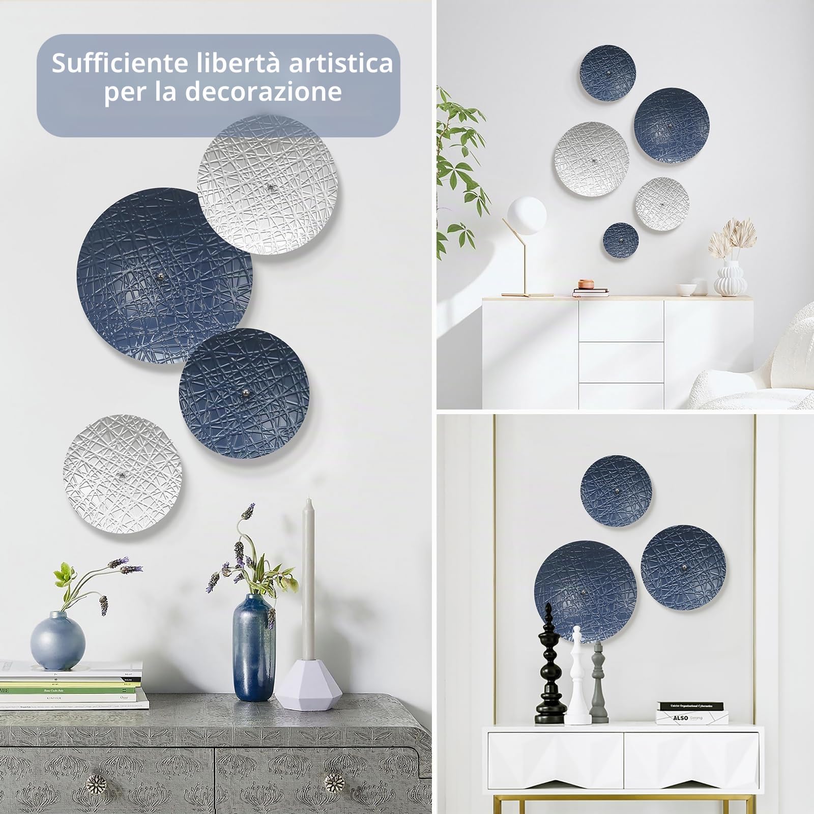 TEIPAI Decorazione da parete argento e blu per soggiorno, 7 sculture in metallo da appendere alla parete per ufficio, appartamento, bagno, decorazione moderna per la casa in argento per scale,