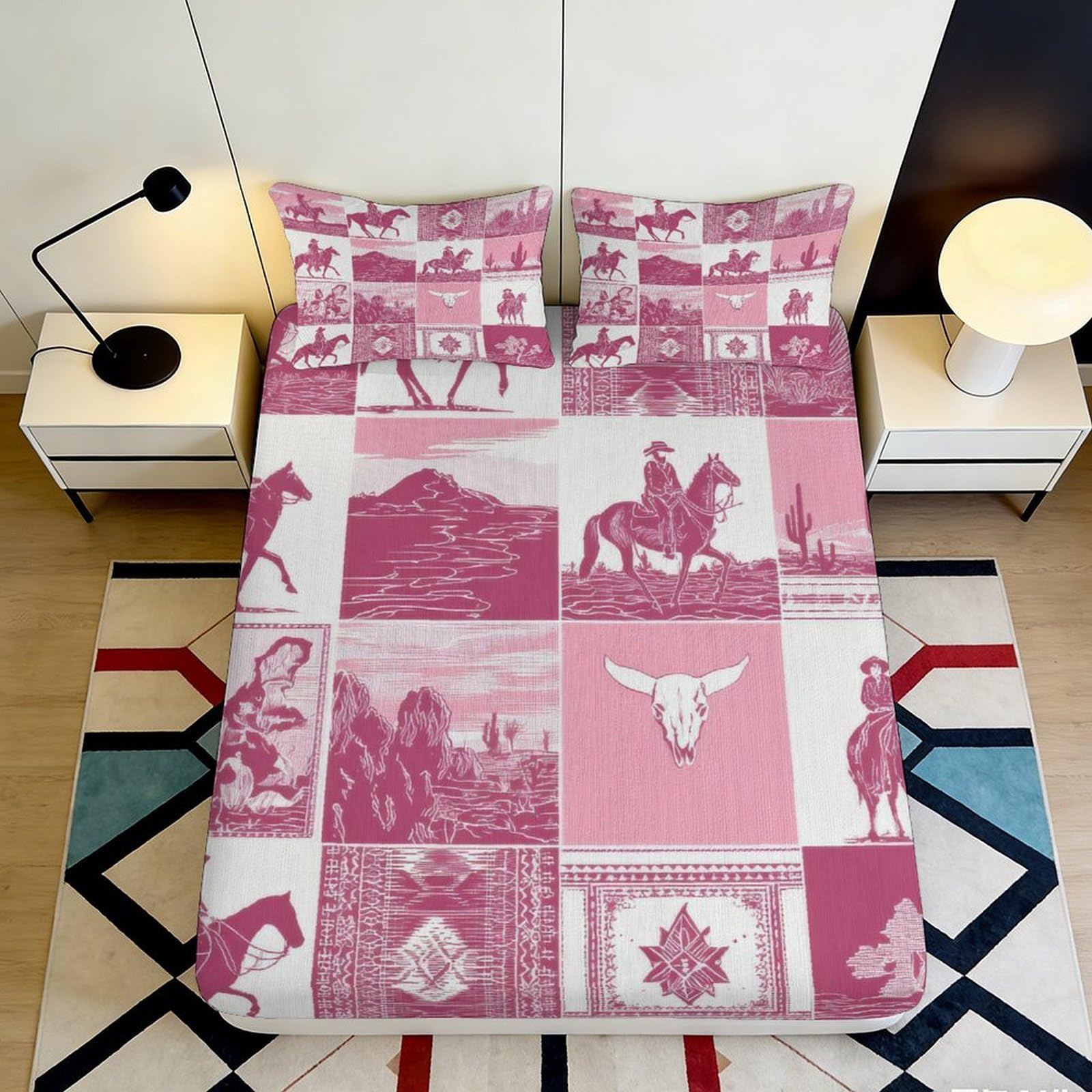 3D Printed Western Cowboy Fitted Sheet Microfiber Pink Rodeo Bed Cover for Bedroom Dorm Dust Resistant 90x200x25cm
