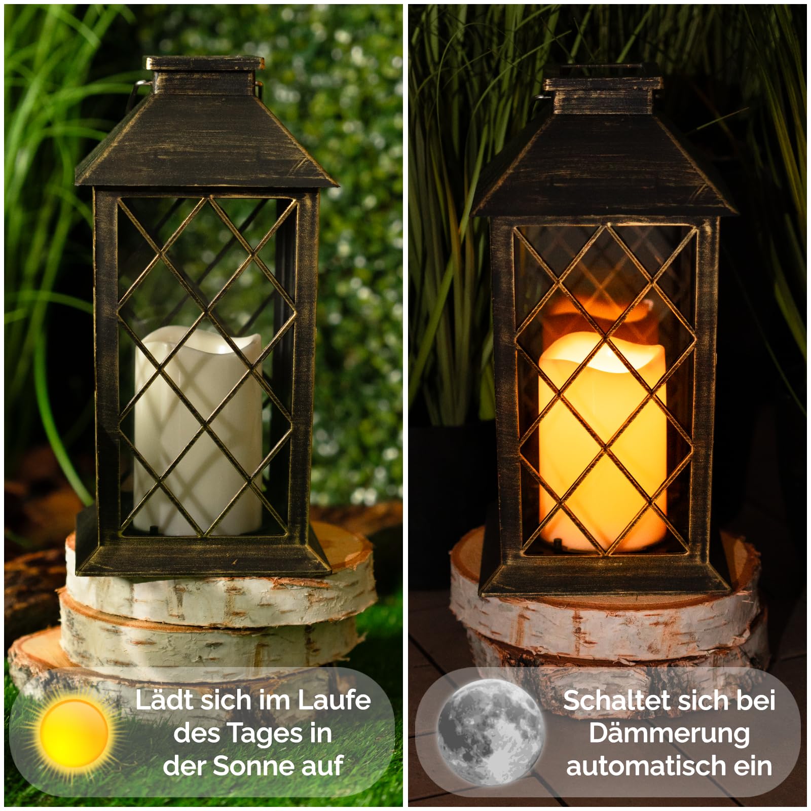 LUMILED 4x Set Solarlaterne Außen Solar Laternen Draußen LED Glas Laterne Solarleuchte Kerze Flammeneffekte Kerzenlaterne IP44 Vintage Patina Hängend Dekorative Außenleuchte Gartenlampe