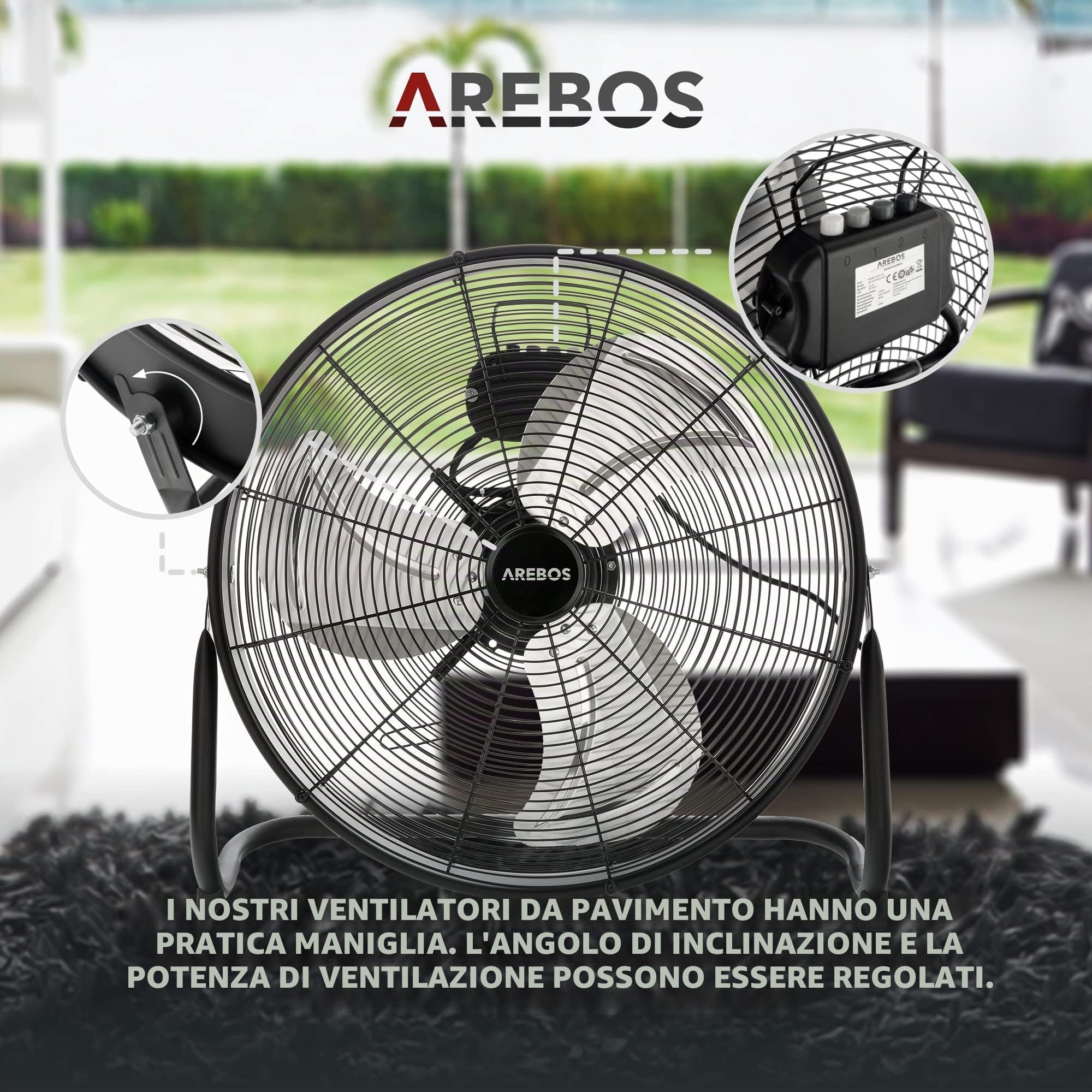 AREBOS Ventilatore da pavimento Ø50 cm | Ventilatore | 3 velocità | Elevata portata d'aria | Angolo di inclinazione regolabile a 100° | Nero