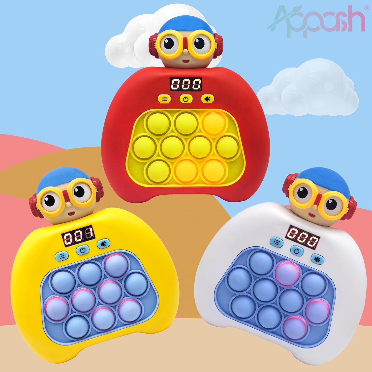 3PC Upgraded Fast Push Pop It Game Crisp Click Light UP Bubbles 10 Modes Quick Push Stress Relieving Buttons Speed Push Sensory Gift Toy for Kids and Adults[Red,Yellow&White-3PC]
