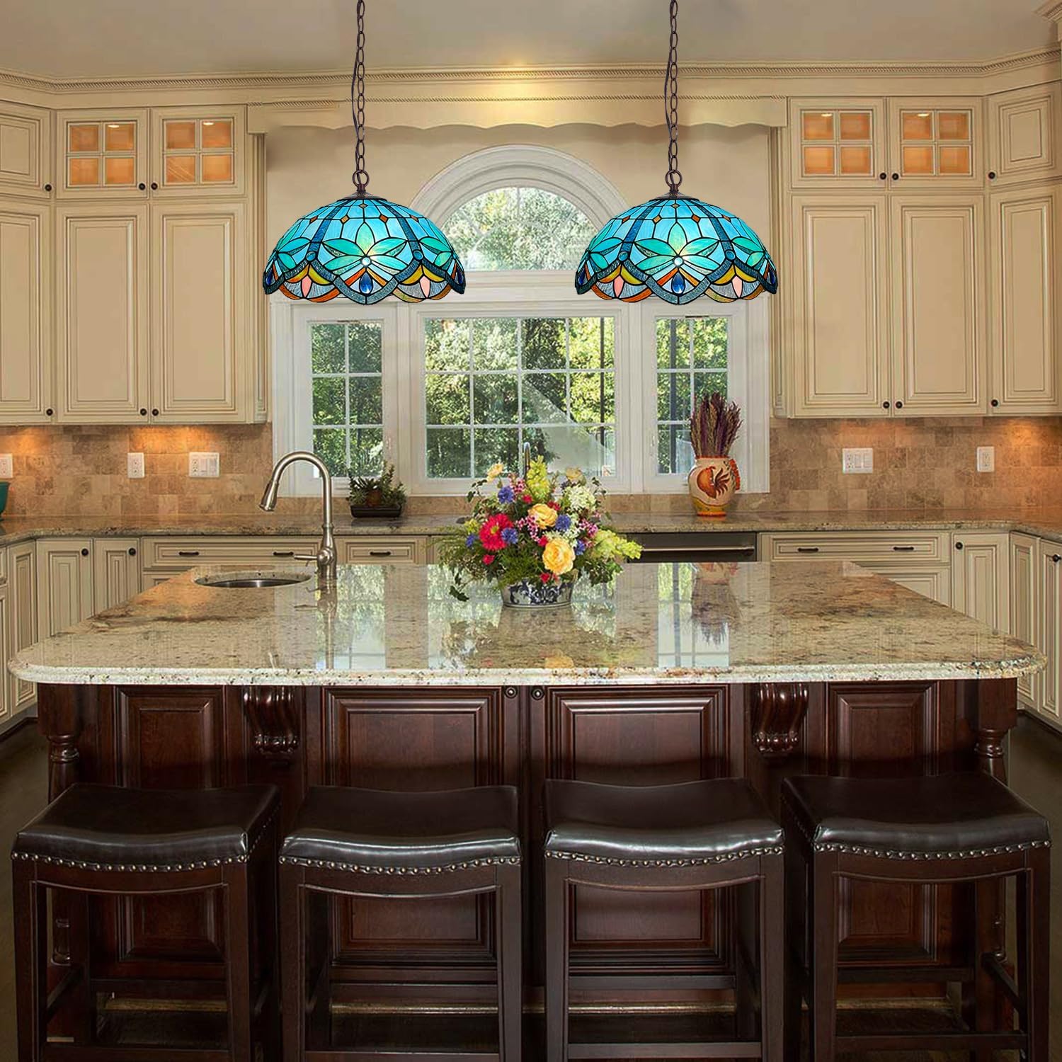 Tiffany Pendant Light Fixtures - Stained Glass Hanging Lamp for Dining Room, Kitchen Island, Bedroom, Study, or Hallway, Vintage-Inspired Decor