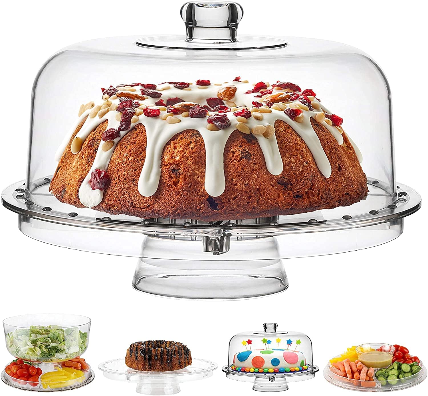 Homeries Glass Cake Stand with Lid, Cake Plate, (6 in 1) Multi-Functional Serving Platter, Large Cake Stand with Dome - Use as Cake Holder, Cake Cover