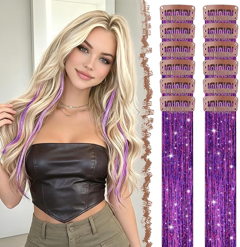 FESHFEN Clip in Hair Tinsel - 12 PCS Purple Clip ins Glitter Tinsel Hair Extensions Sparkle Fairy Dazzle Colorful Accessories Kit for Women 20 Inch
