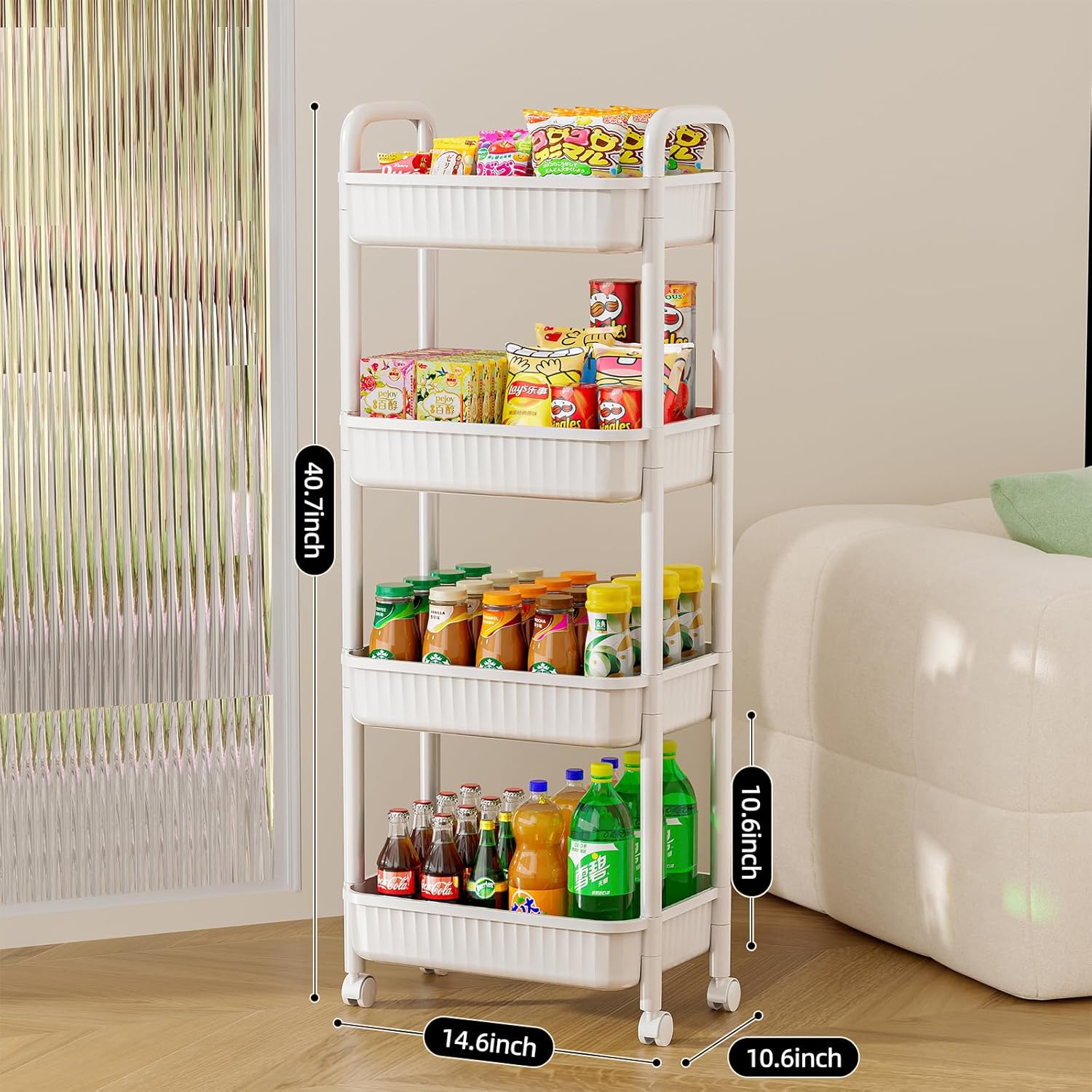 JOYZAN 4 Tier Rolling Carts with Wheels, Utility Cart with Handle and Locking Caster, Storage Cart for Kitchen, Office, Bedroom, Suitable for Diaper, Art Tools, Snack, Craft Storage Cabinet, White