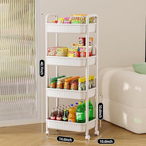 Miniatura 3 de JOYZAN Carros rodantes de 4 niveles con ruedas, carrito utilitario con asa y ruedas de bloqueo, carrito de almacenamiento para cocina, oficina,