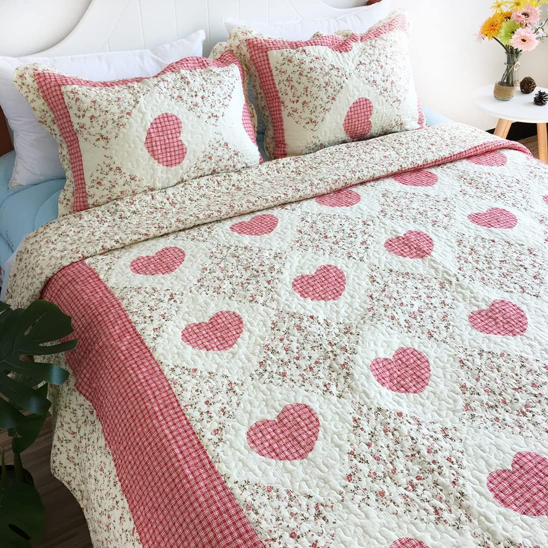 vctops Plaid Love Heart Cotton Quilt Set with Pillow Shams 3 Piece Full/Queen Size Floral Patchwork Lightweight Quilted Bedspread Coverlet Bed Cover (Print I,89"x96")