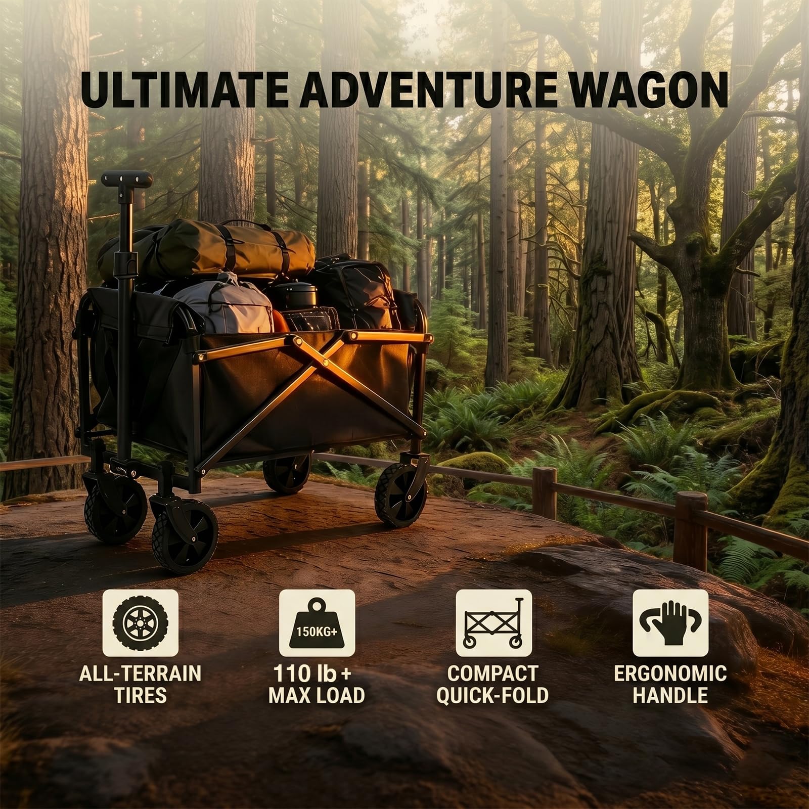 Chariot de camping pliable 120 l avec tissu amovible pour plage et jardin, chariot de transport de 50 kg avec poignée réglable