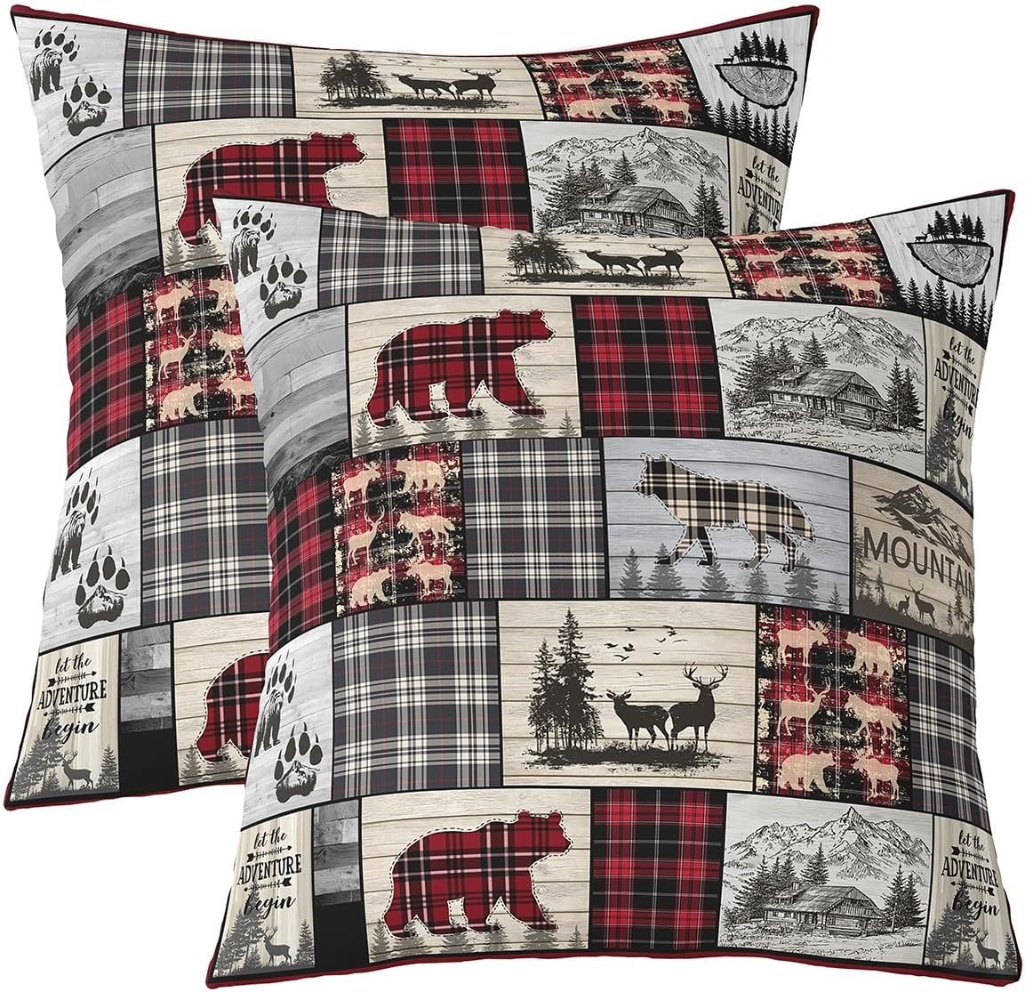 2Pcs of Rustic Cabin Throw Pillow Covers 24x24, Woodland Wolf Deer Bear Pillow Covers for Bed, Red Black Buffalo Plaid Cushion Covers, Wildlife Camping Lodge Mountain Decorative Square Pillow Cases
