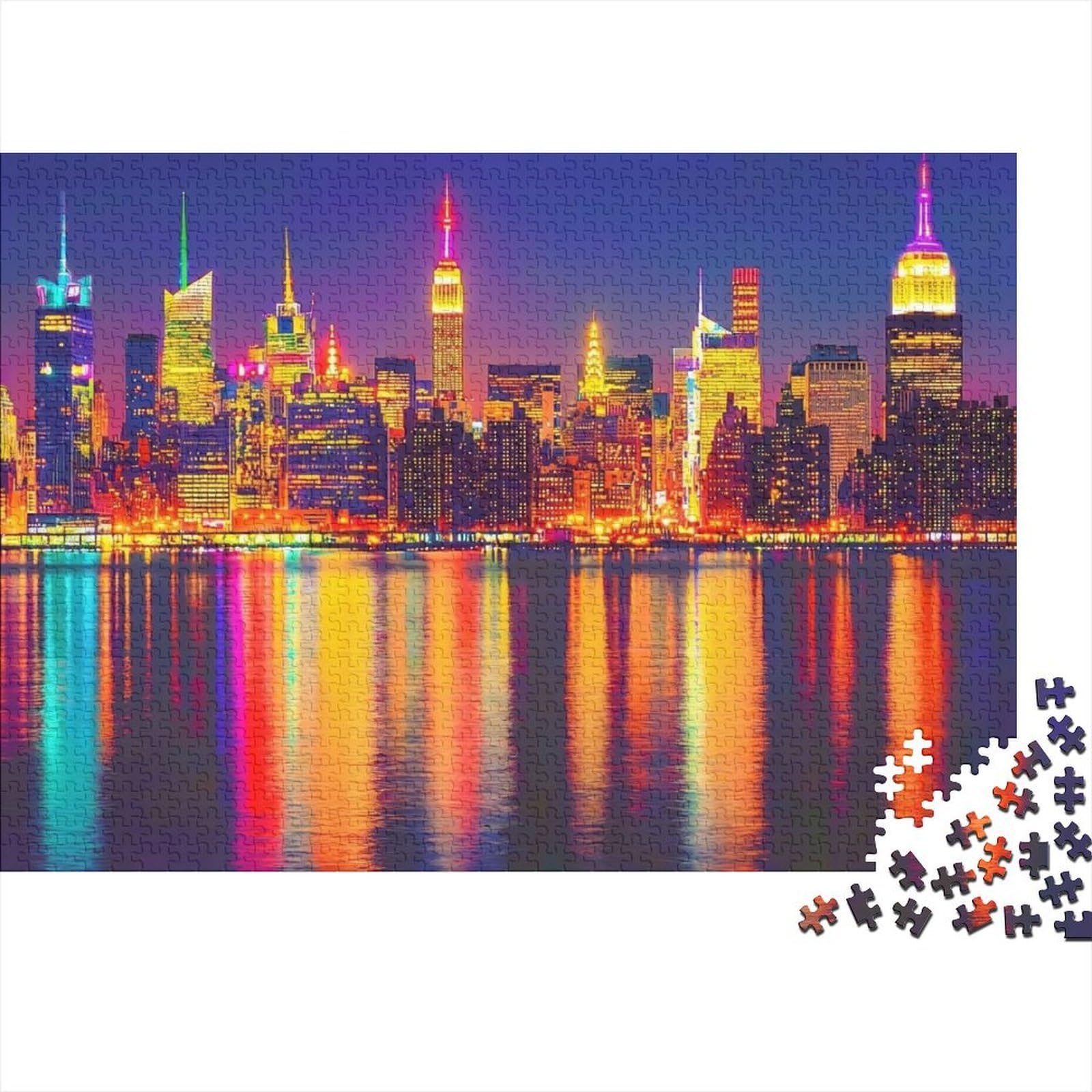City Skyline Night 1000-piece Recycled-Cardboard for Adult High-definition Printing NYC Skyline Lights Jigsaw Puzzle for Wall Decorations And Gifts GREAT GIFT IDEA 38x26cm/1000pcs