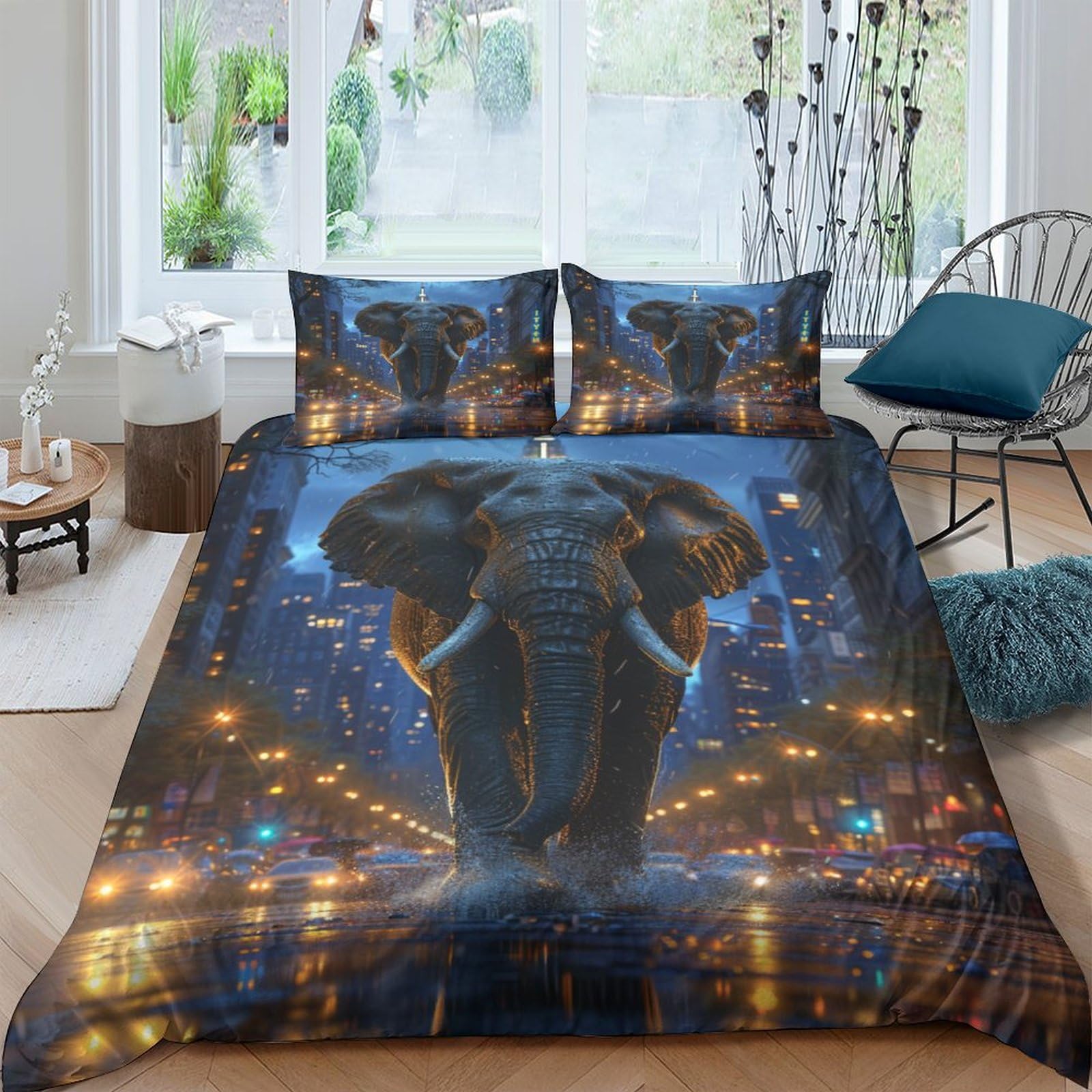 Housses de couettes double 200x200cm imprimé éléphants et fourmis en microfibre douce avec taies