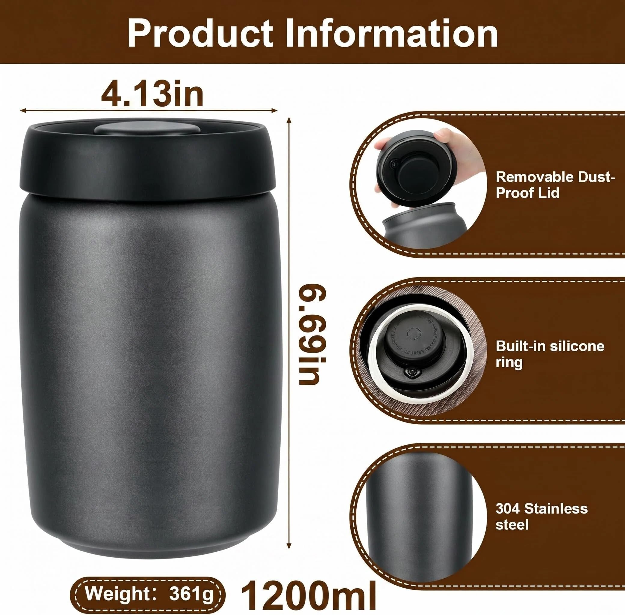VINATO Bote de Café Hermético de Acero Inoxidable 1.2L – Recipiente al Vacío para Café, Té o Alimentos,Bote Cafe