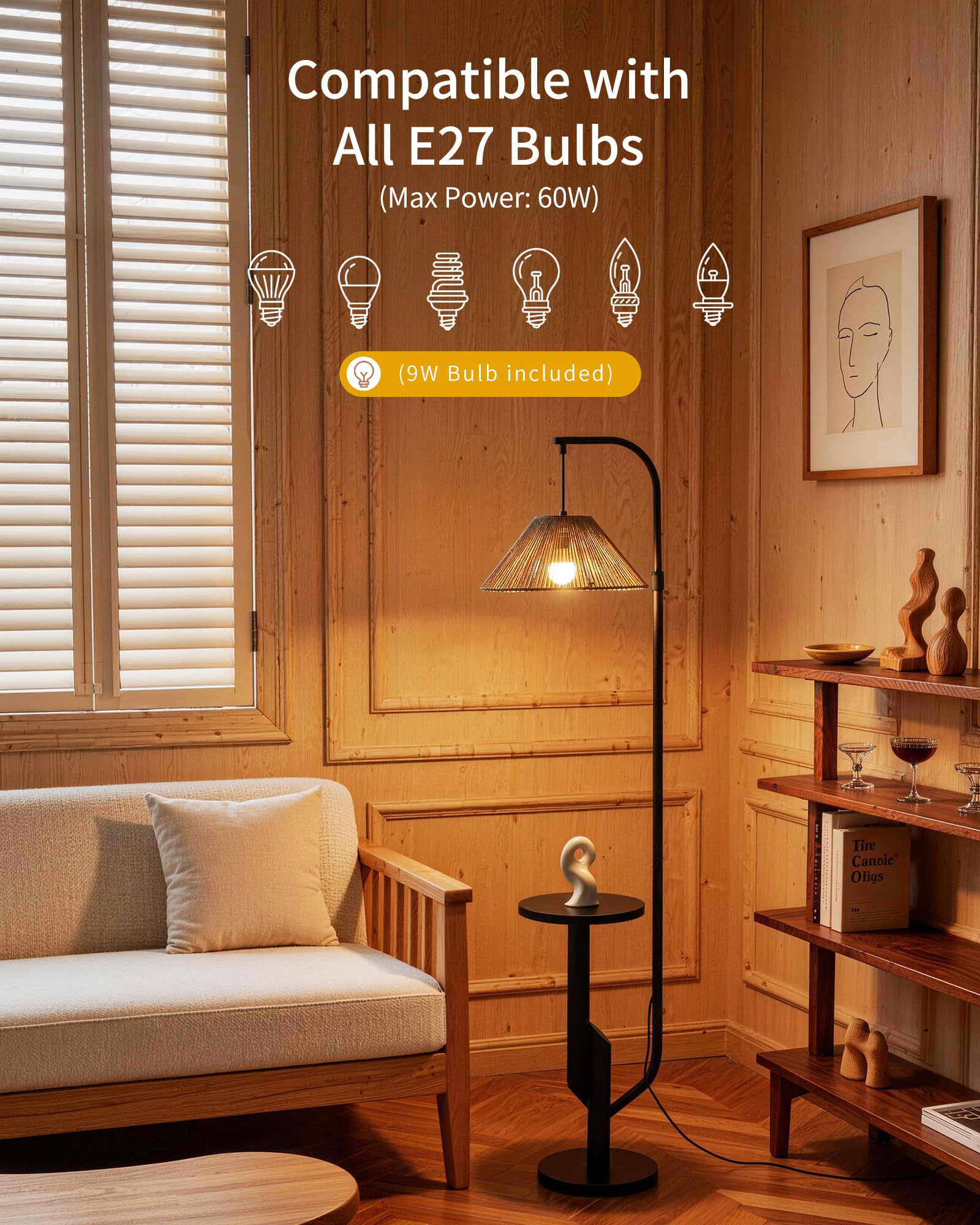 Stehlampe Wohnzimmer Rattan mit Ablage – Boho Stehleuchte E27 mit gewebtem Lampenschirm, 3 Farbtemperaturen einstellbar per Fußschalter, 175cm hoch für Schlafzimmer WOVI FL15