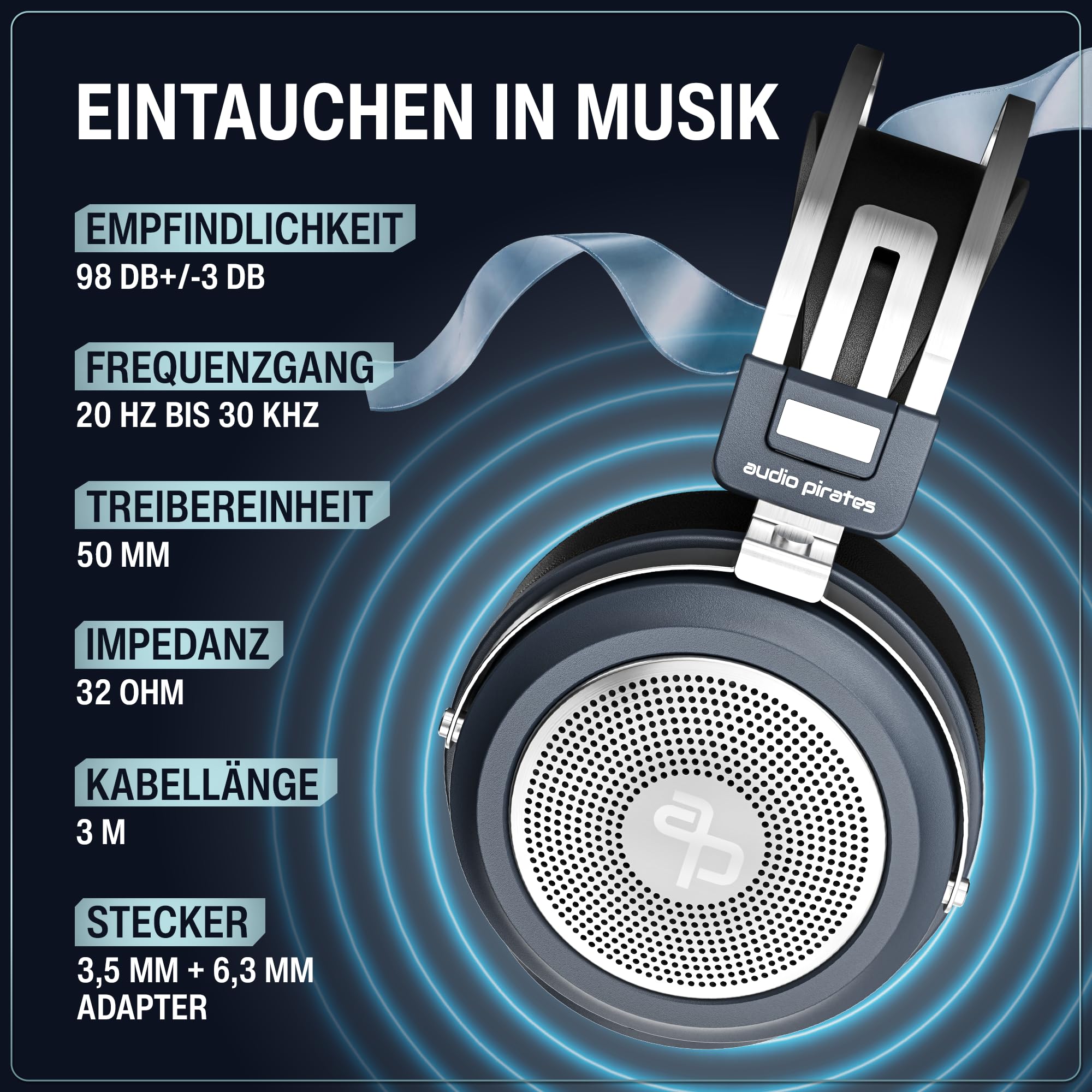 audio pirates ERIC Studio Over-Ear HiFi Kopfhörer – Studiokopfhörer mit Transprt-Case, 3m Kabel, 6,3mm Klinken-Adapter | Premium Collection