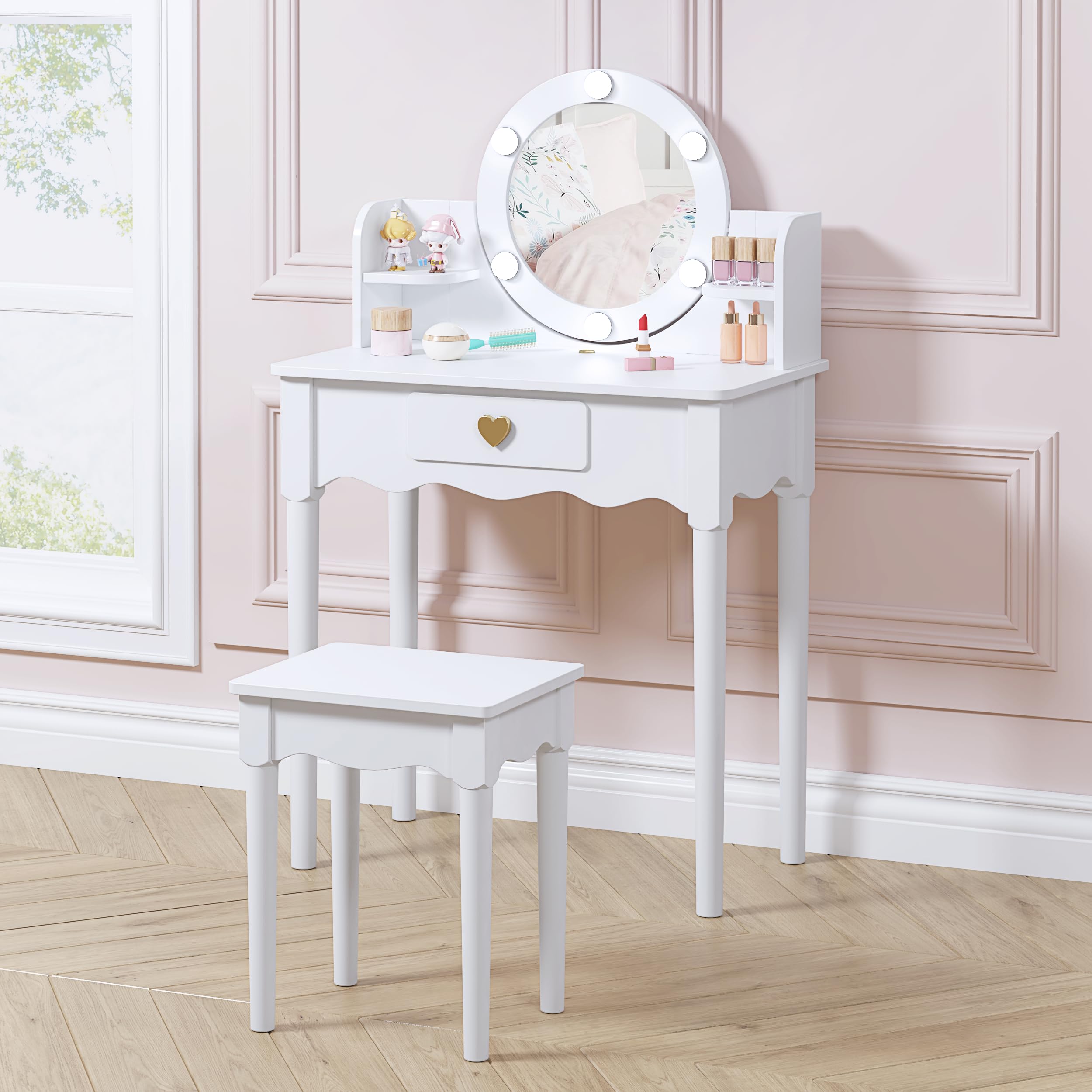utex kids vanity girls vanity set with mirror and stool and lights kids vanity table and chair setwooden princess makeup desk dressing table white