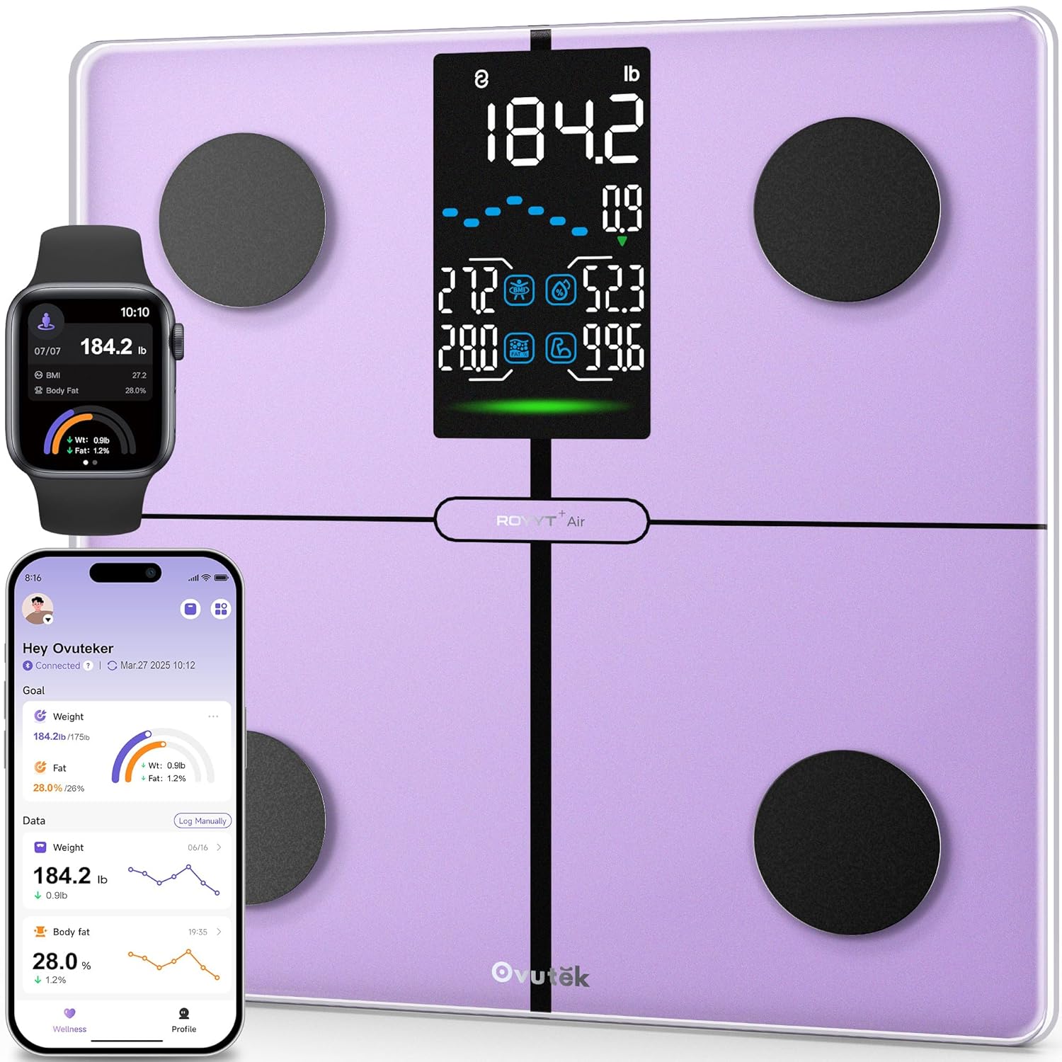 Ovutek Scale for Body Weight, Digital Bathroom Smart Scale with 13 Body Composition Analyzer Sync Weight Scale BMI Health Monitor Sync Apps 400lbs - Purple