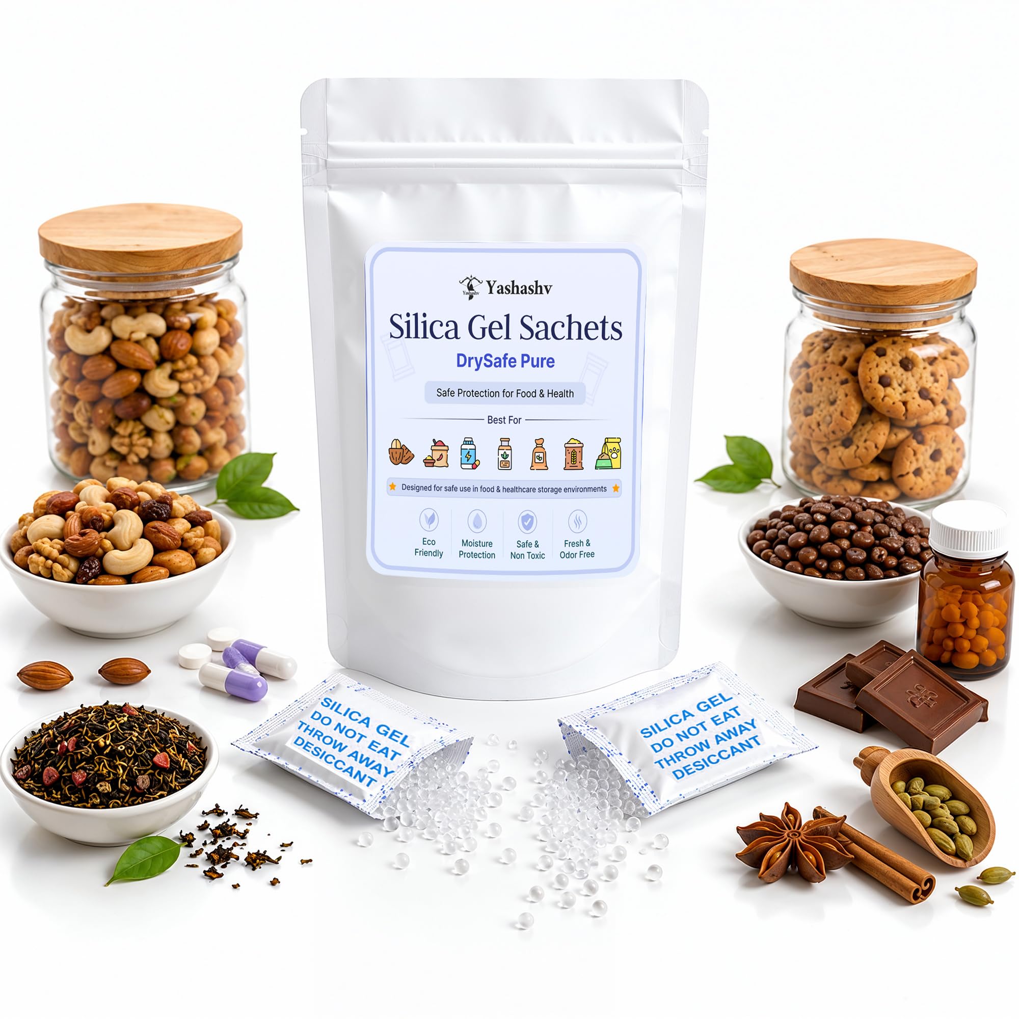 Yashashv™ DrySafe Pure Food Grade Silica Gel Packets 2 Gram (200 Sachets) | Moisture Absorber for Dry Fruits, Namkeen, Tea, Coffee, Protein Powder, Pet Food, Food Jars & Storage Containers
