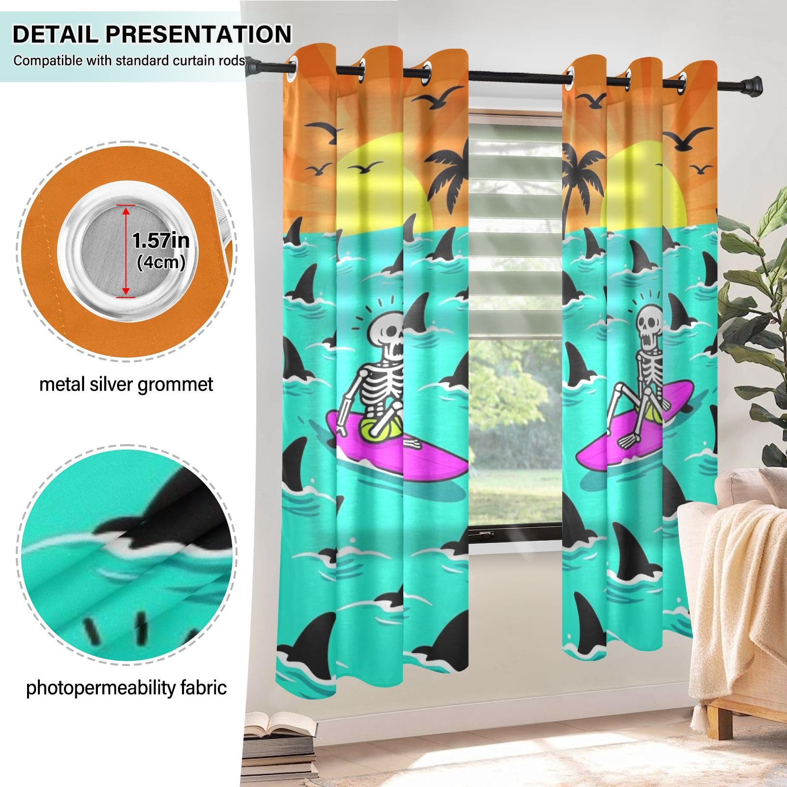 Cortinas decorativas cortas para ventana, esqueleto, tiburones, verano, surfista, 63 pulgadas, juego de 2 paneles