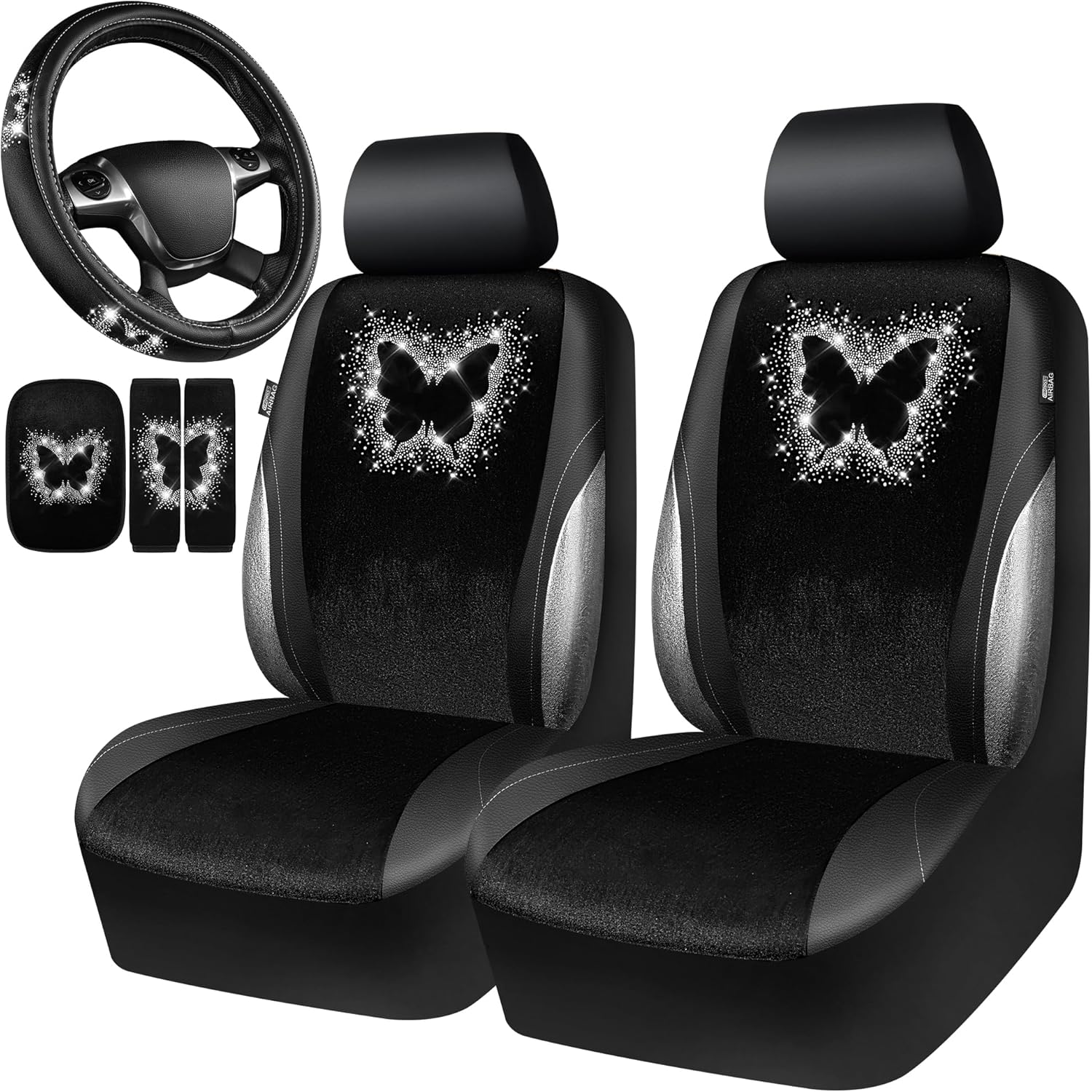 CAR PASS Bling Diamond Butterfly Car Seat Covers, Black Velvet Leather Butterflies Front Seat Covers Set for Women Girl, Rhinestone Butterfly 14.5-15'' Steering Wheel Cover, Glitter Car Interior Sets
