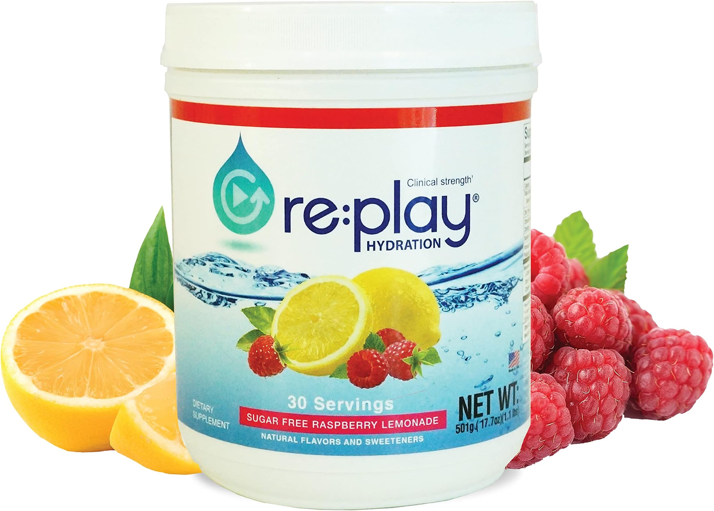 Re:Play Hydration Recovery Drink Powder, Sugar Free Raspberry Lemonade - 570g tub, 30 Servings