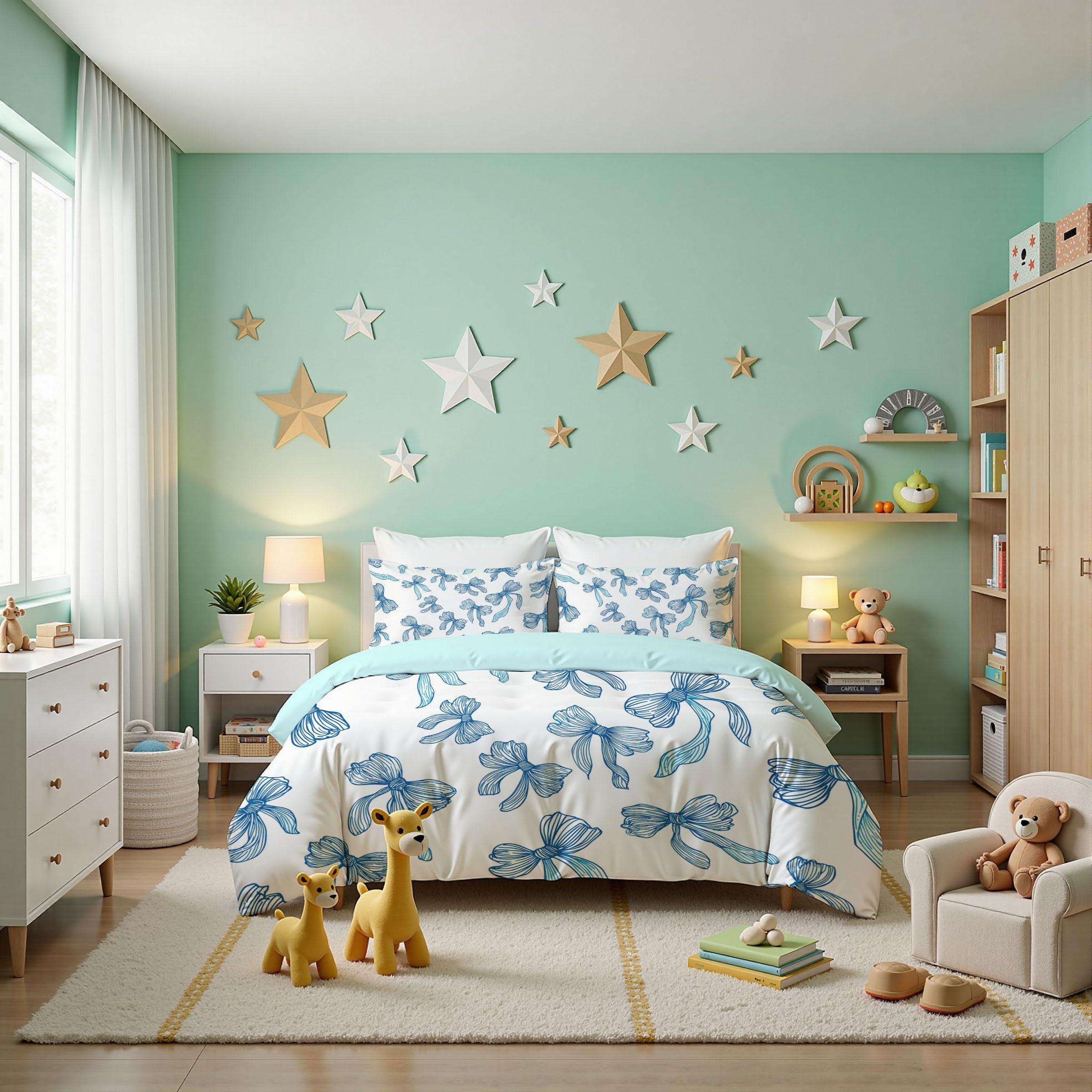 Completo Copripiumino 240X220Cmmatrimoniale, Set 3 Pezzi Con 2 Federe, Stampa Grazioso Fiocco Di Nastro, Microfibra Morbida Traspirante, Chiusura Con Cerniera, Linee Tracciate A Mano, Blu Bianco