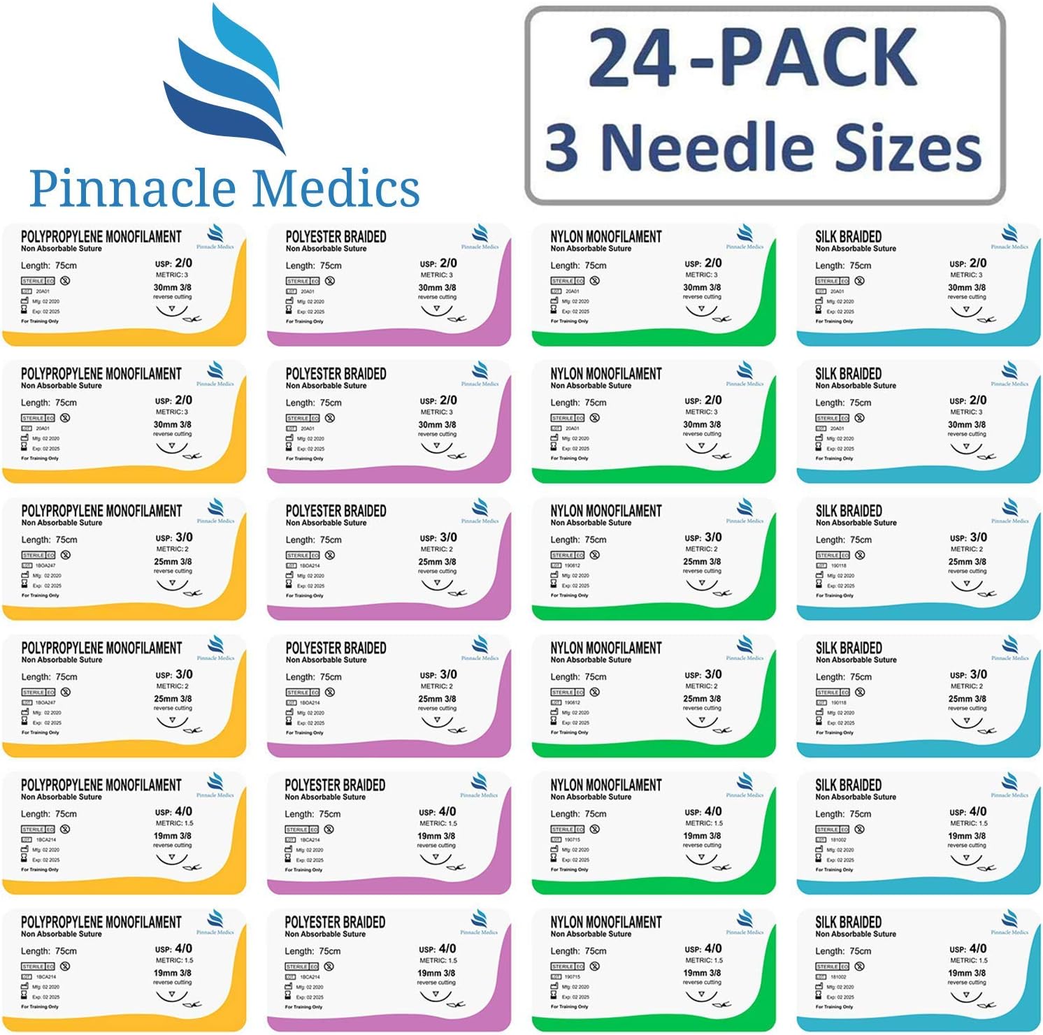 Practice Sutures | Sutures Thread with Needle (24 Mixed 2/0, 3/0, 4/0) | for Medical, Nursing, and Veterinary Students Suture Training | Suture Kit Companion | Demonstration and Education Use Only