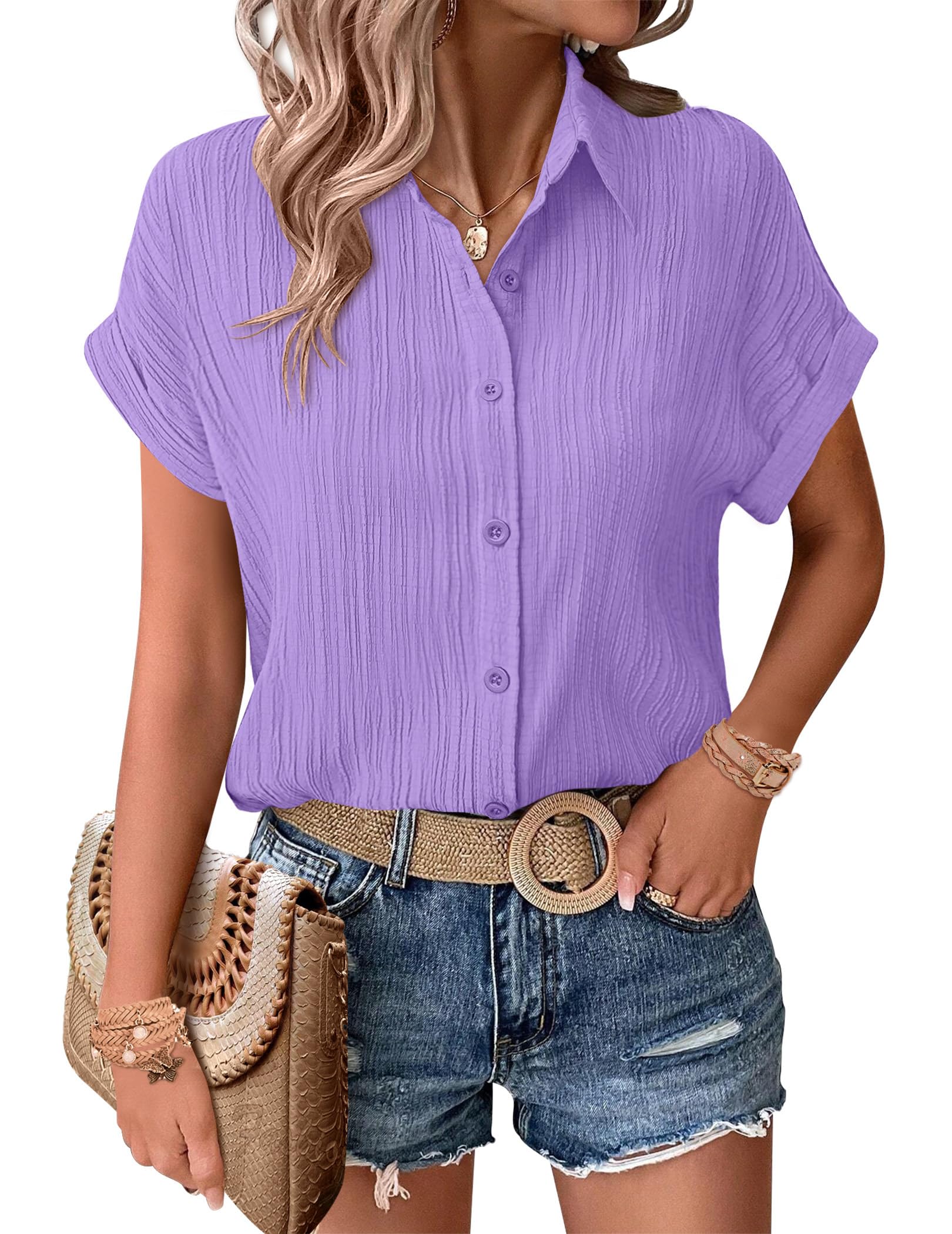 Womens Button Down Shirts Casual Short Sleeve Dress Shirt Textured Collared Summer Clothes Work Blouse