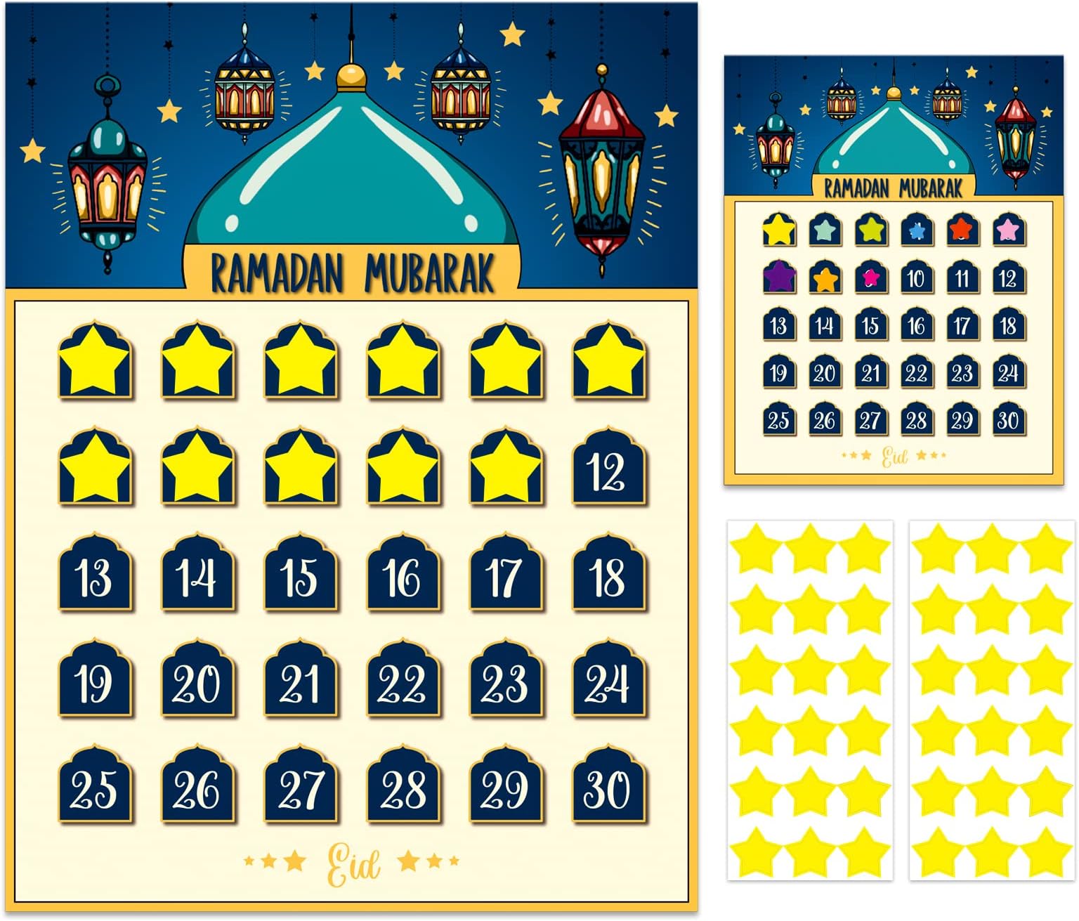 Hohomark Ramadan Calendar 2023 Eid Mubarak Countdown for Kids 30 Days Advent Poster Decorations Home Wall with 36 Star Stickers and 1PCS Small Card