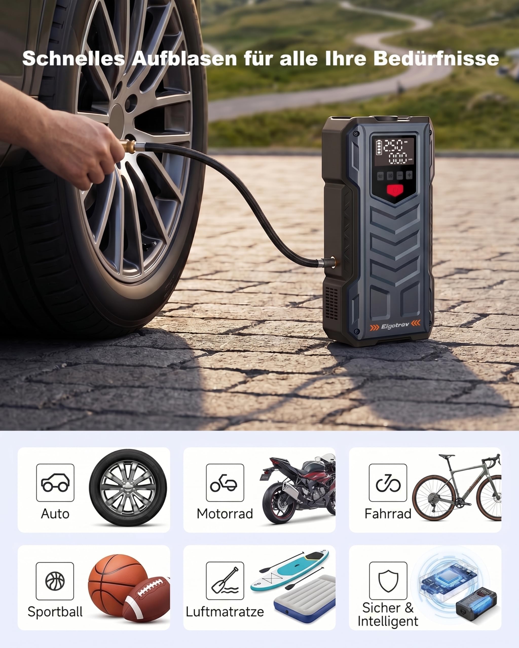8000A Starthilfe Powerbank für Pkw mit Kompressor 150 PSI, 12V Auto Starthilfe (10L Benzin/8.5L Diesel), Jump Starter mit 600 Lumen LED Licht, LCD Display