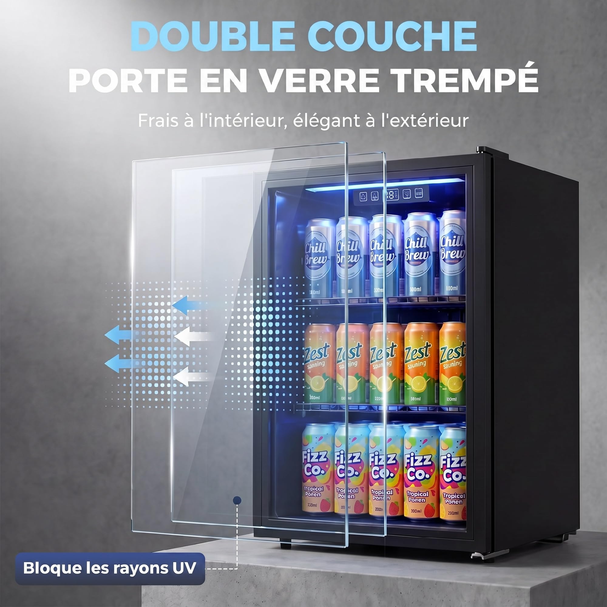HOMCOM Réfrigérateur à Boissons 70L 70 Canettes, Frigo Silencieux Pose Libre, Porte Verre Trempé Double, Étagères Réglables, Éclairage LED, Noir