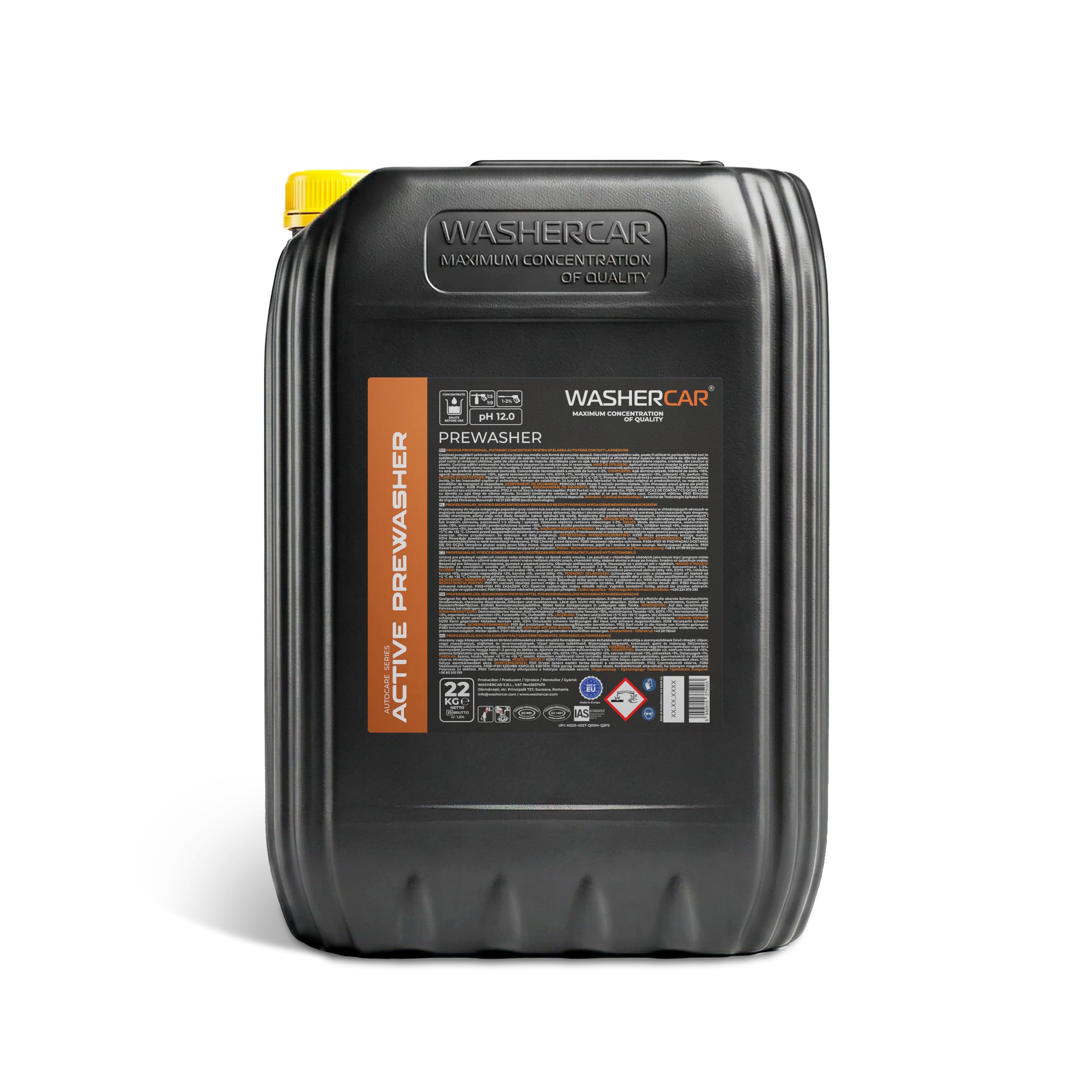 WasherCar Prewash Konzentrat | Aktiver Vorreiniger, Snow Foam pH 12,0 | Berührungslose Vorwäsche | Schaumlanze & Hochdruckreiniger | Gegen Schmutz, Salz, Insekten | Made in Europe (22 KG)