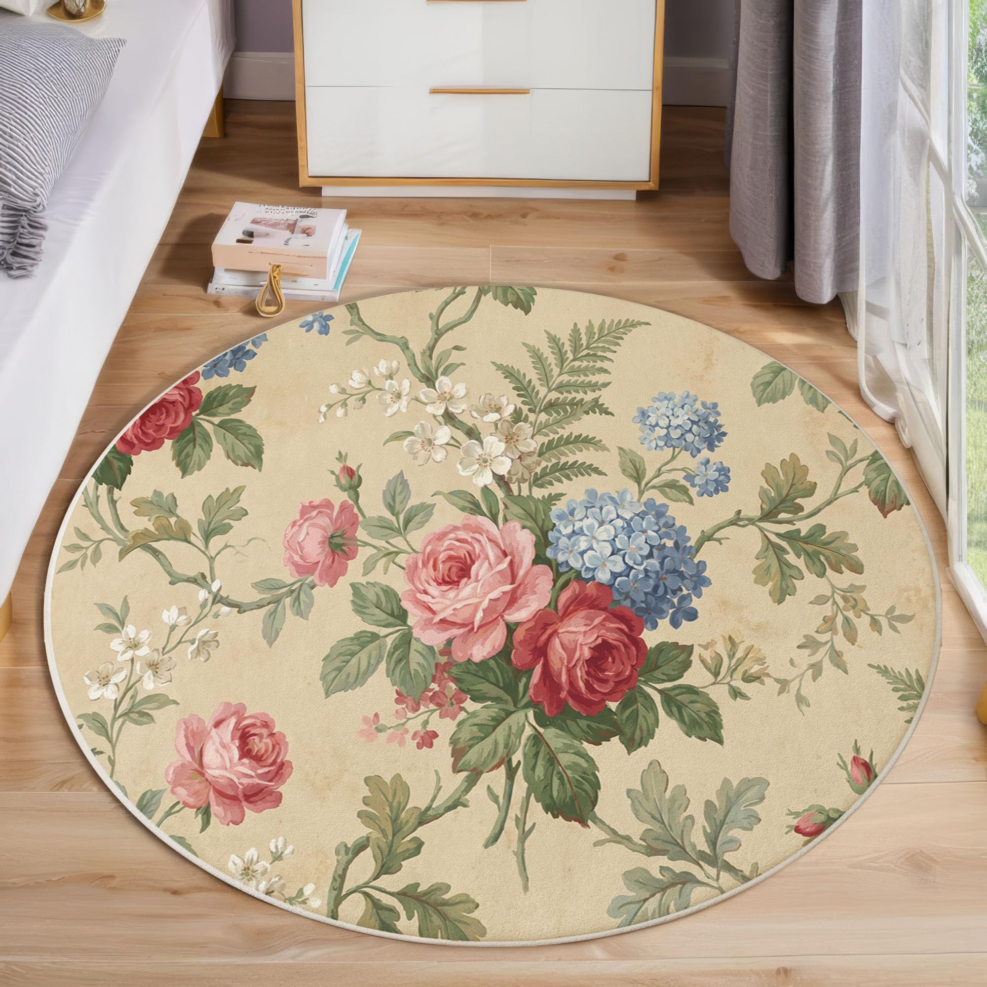 Tapis Rond de Salon Style rétro champêtre 100cm Chambre Antidérapant