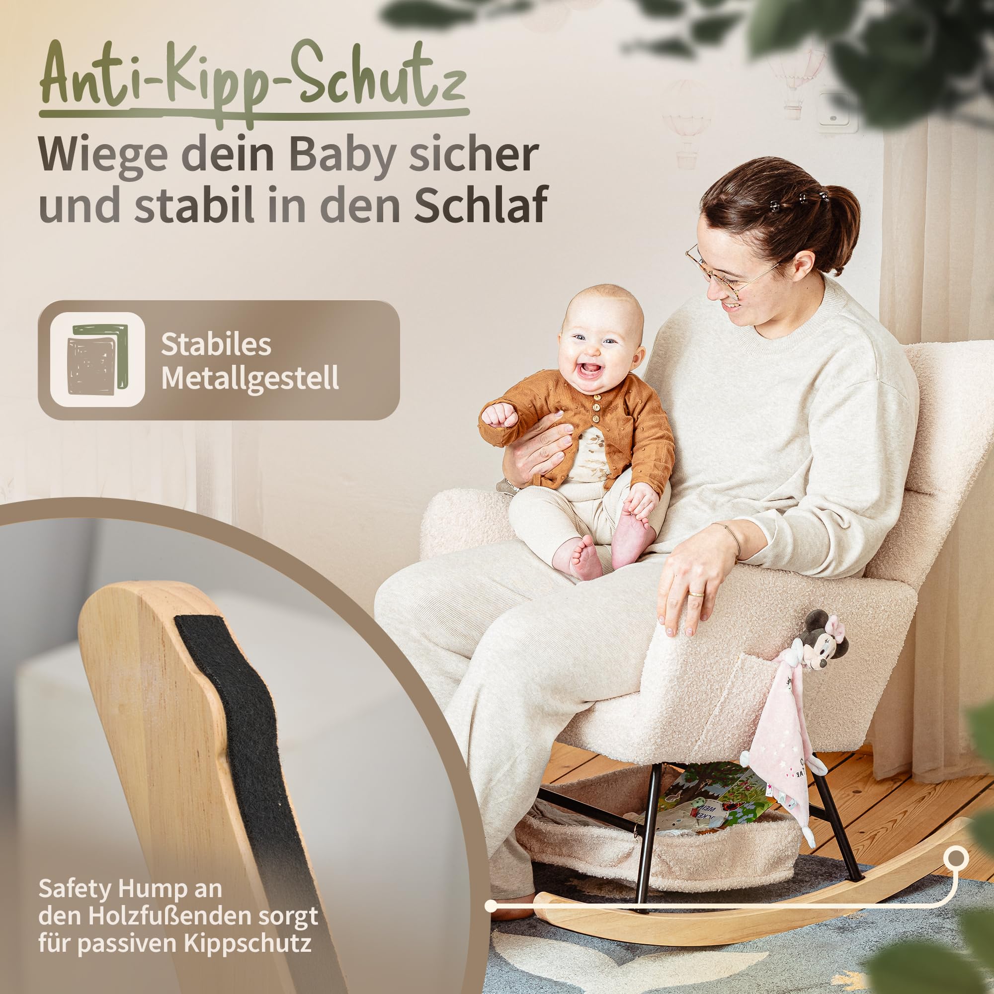FLAKKARI® Stillsessel Schaukelstuhl Gepolstert [EXTRA-LEISE] mit Taschen Stillstuhl Schaukelsessel Relaxsessel Rocking Chair Nursing Baby | Baby Beige