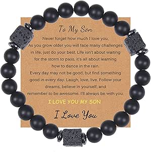 Leather Beaded Cuff Gift For Son Birthday Christmas Son's Tiger Eye Protection Bracelets For Men, To My Leather Black Beaded Bangle Engarved With Love You Forever Cuff Jewelry Gift For Birthday Christmas